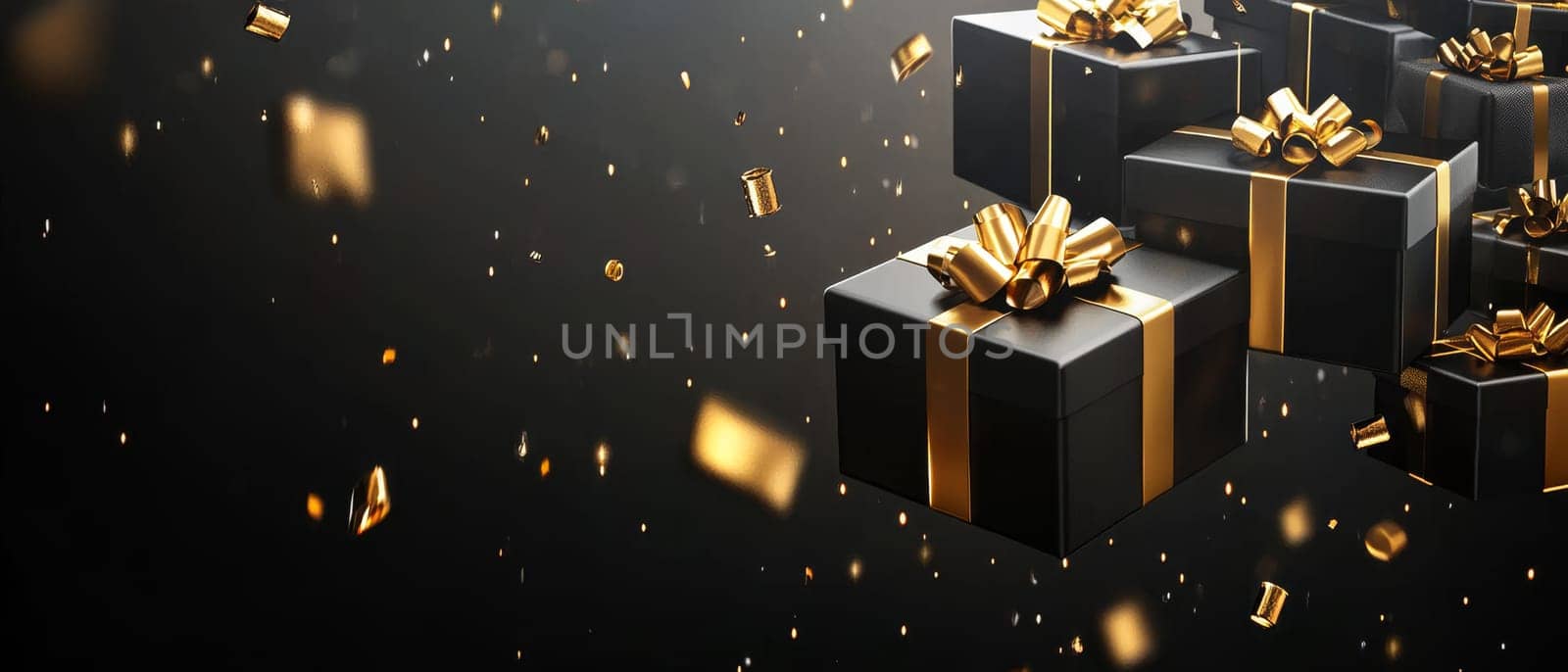 Black gift boxes with golden ribbons surrounded by confetti on a dark background, representing luxury and celebration.
