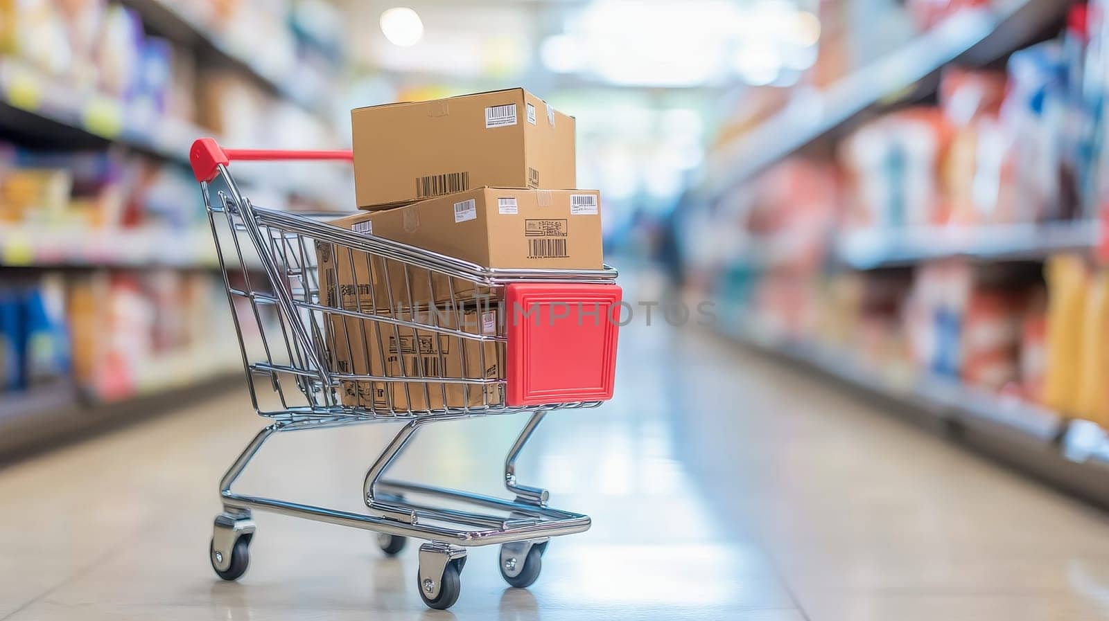 Shopping cart filled with cardboard boxes in a blurred supermarket aisle, representing online shopping, delivery, and retail concepts.
