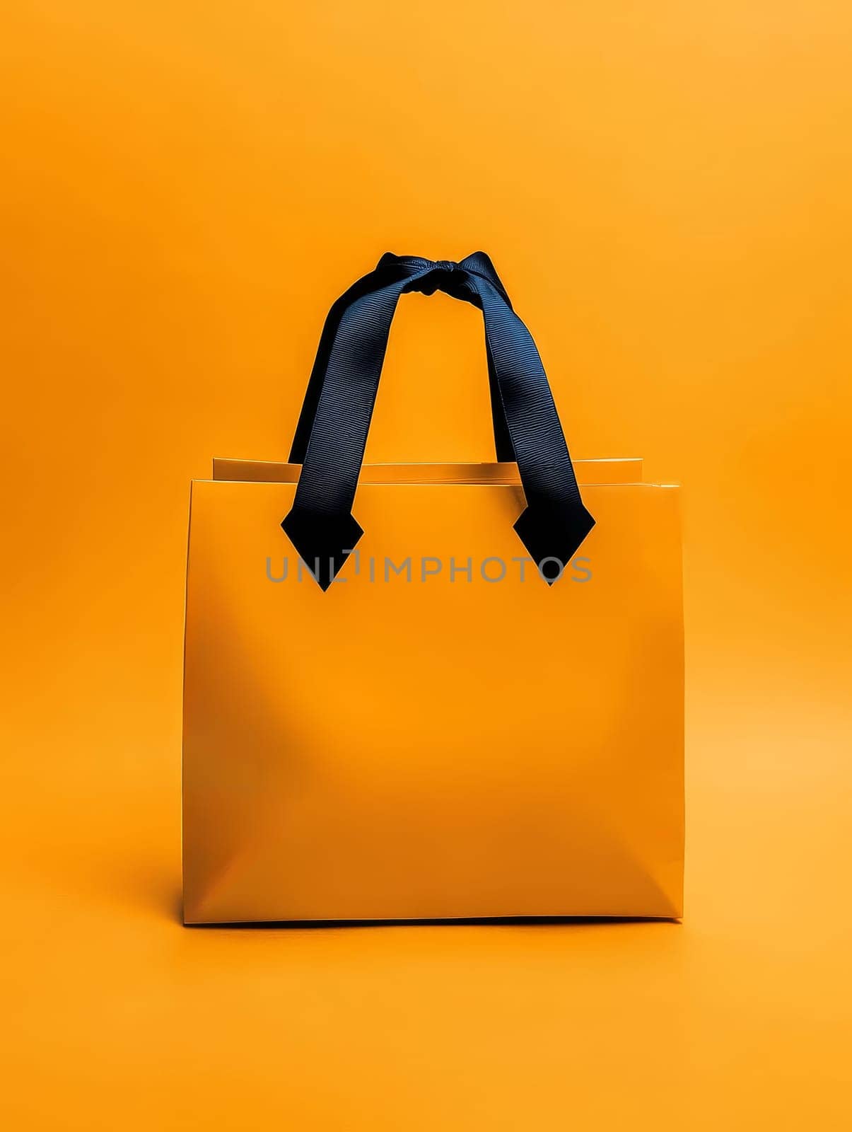 Stylish orange shopping bag with contrasting black ribbon handles against a bright orange background, embodying modern retail elegance.