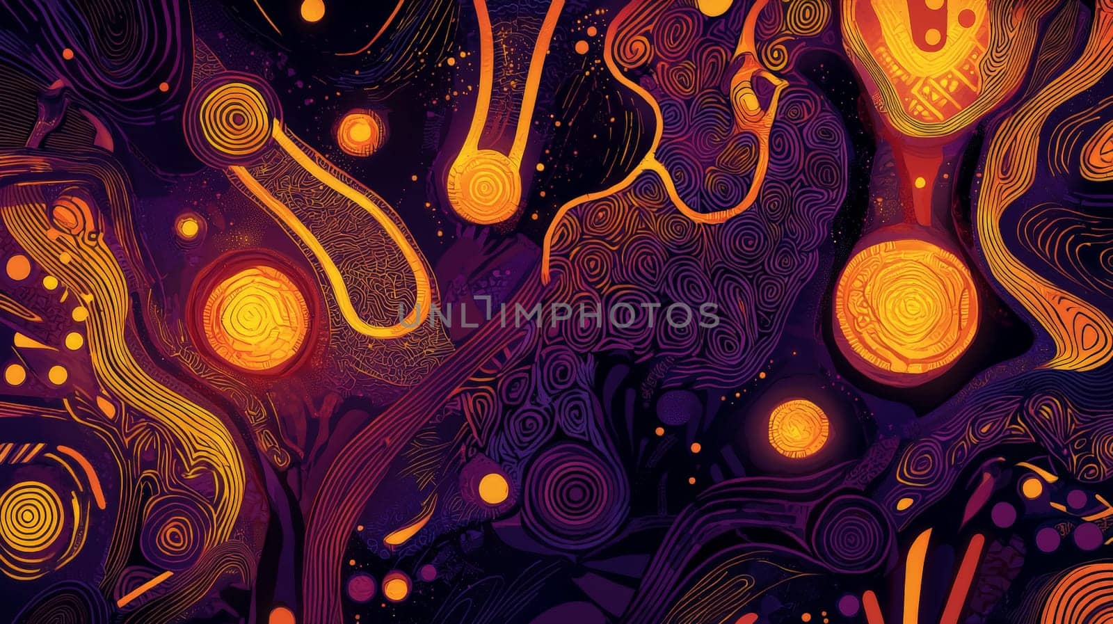 A captivating Afrofuturism-inspired abstract background, merging swirling cosmic patterns with African textile motifs. Deep purples, golds, and fiery oranges dominate the color palette, exuding both cosmic power and cultural richness. Glowing orbs and ancient symbols flow through the design, representing a fusion of ancient wisdom and futuristic vision. The visual evokes themes of identity, alienation, empowerment, and the beauty of African heritage in a cosmic context.