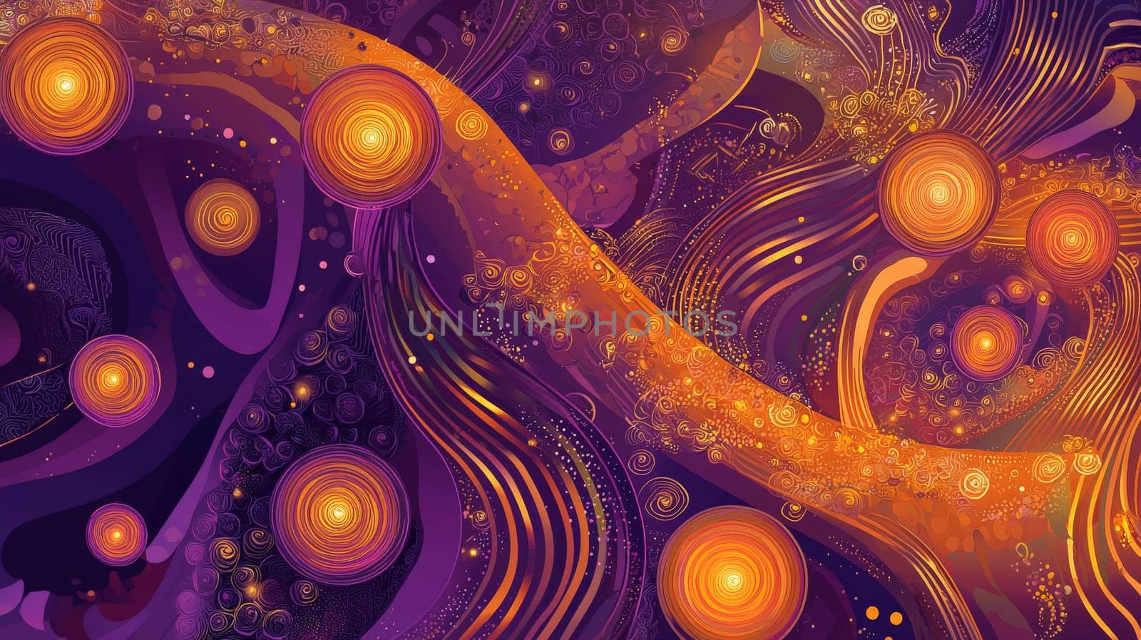 A captivating Afrofuturism-inspired abstract background, merging swirling cosmic patterns with African textile motifs. Deep purples, golds, and fiery oranges dominate the color palette, exuding both cosmic power and cultural richness. Glowing orbs and ancient symbols flow through the design, representing a fusion of ancient wisdom and futuristic vision. The visual evokes themes of identity, alienation, empowerment, and the beauty of African heritage in a cosmic context.