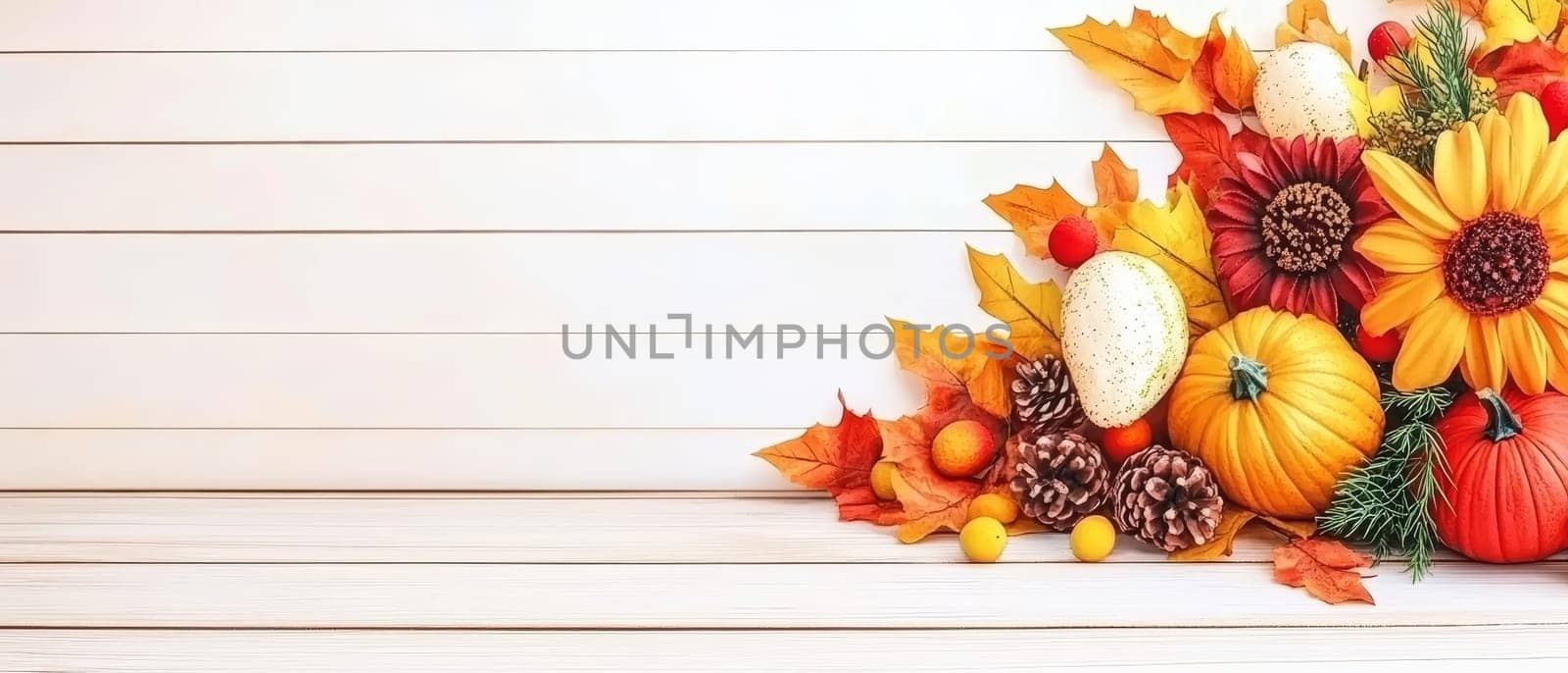 Bright autumn flowers and pumpkins on a wooden backdrop, providing ample copy space for seasonal and festive designs.