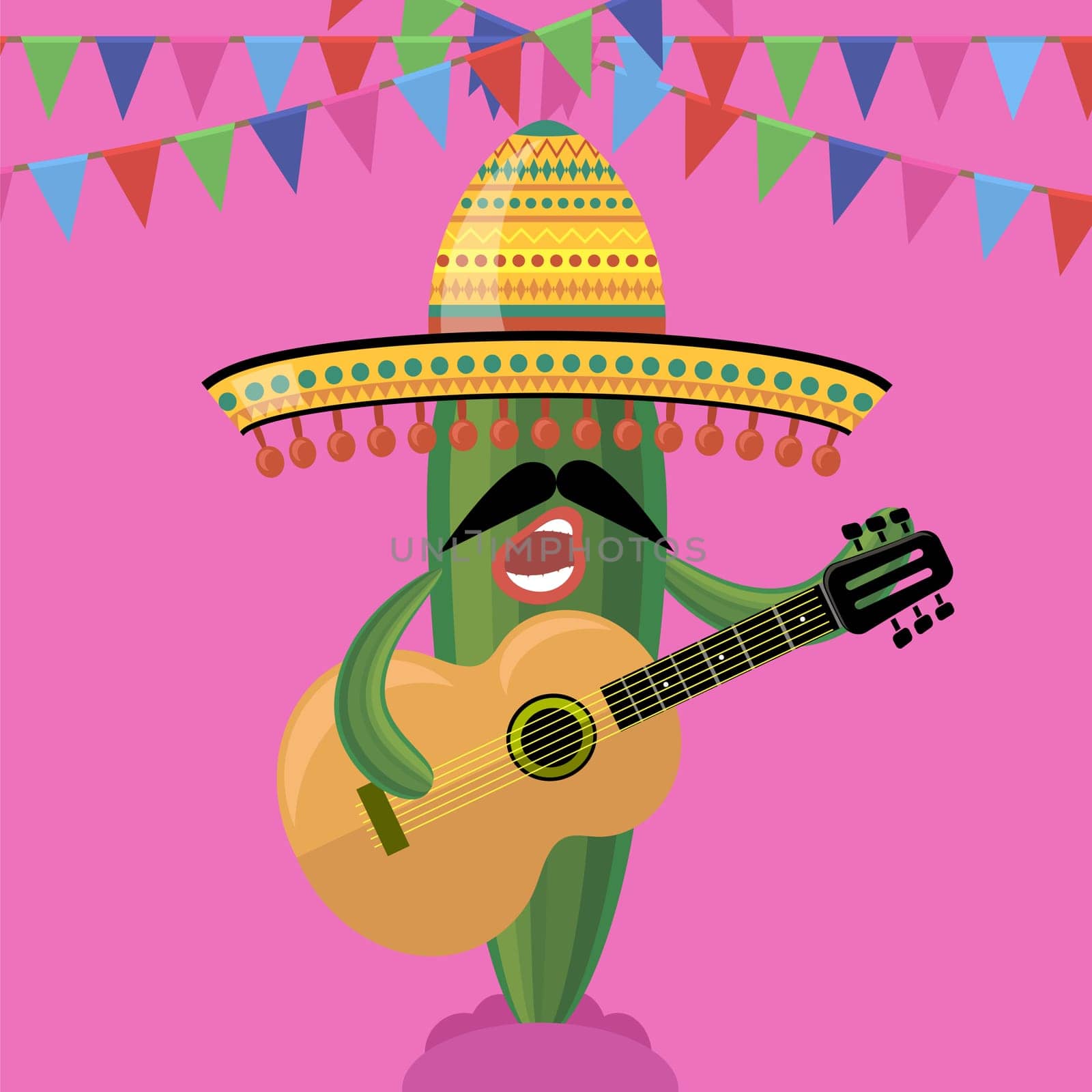 Vector green cactus with musical guitar. Cinco de mayo symbol on pink background.