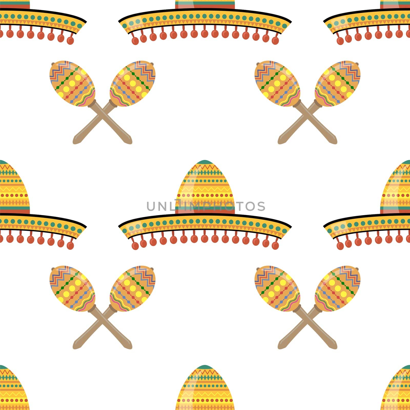 Vector Mexican sombrero with maracas. Cinco de mayo symbol isolated on white background. Seamless pattern.