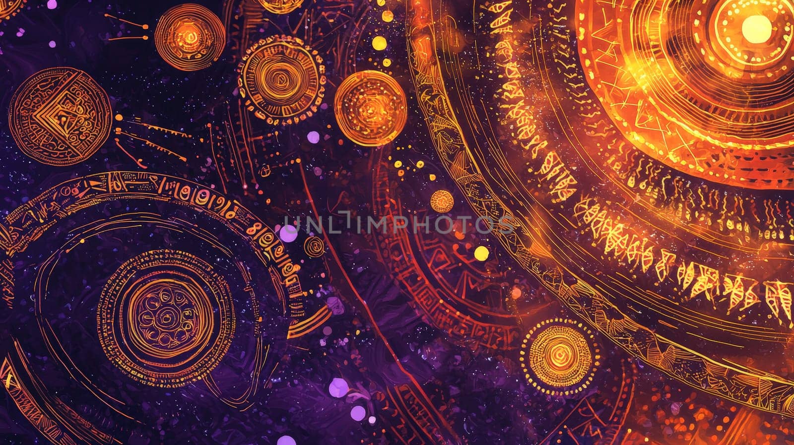 A captivating Afrofuturism-inspired abstract background, merging swirling cosmic patterns with African textile motifs. Deep purples, golds, and fiery oranges dominate the color palette, exuding both cosmic power and cultural richness. Glowing orbs and ancient symbols flow through the design, representing a fusion of ancient wisdom and futuristic vision. The visual evokes themes of identity, alienation, empowerment, and the beauty of African heritage in a cosmic context.