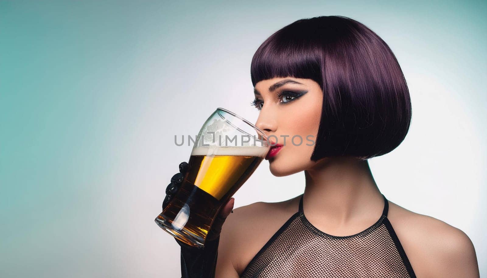 gorgeous woman bob haircut sixties retro futuristic style drinking beer pint, AI generated image