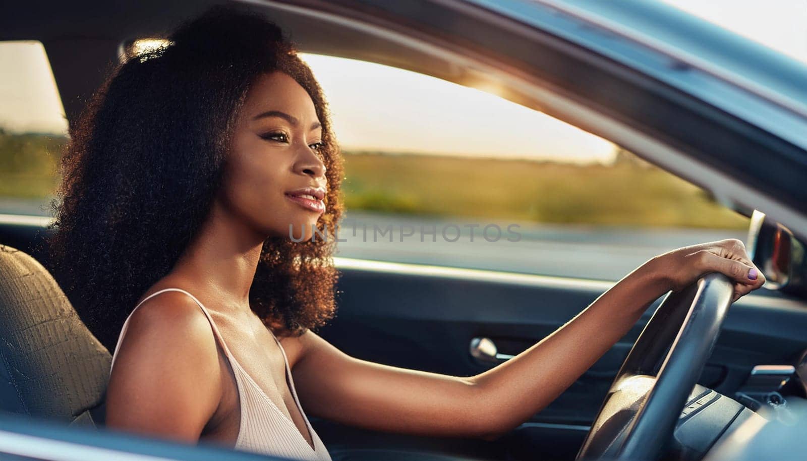 beautiful young woman driving a car, AI generated image