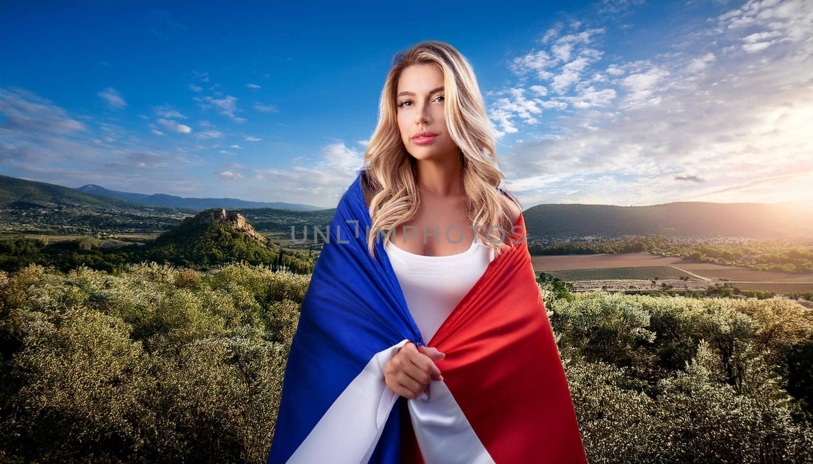 gorgeous young woman wrapped in french flag, AI generated image