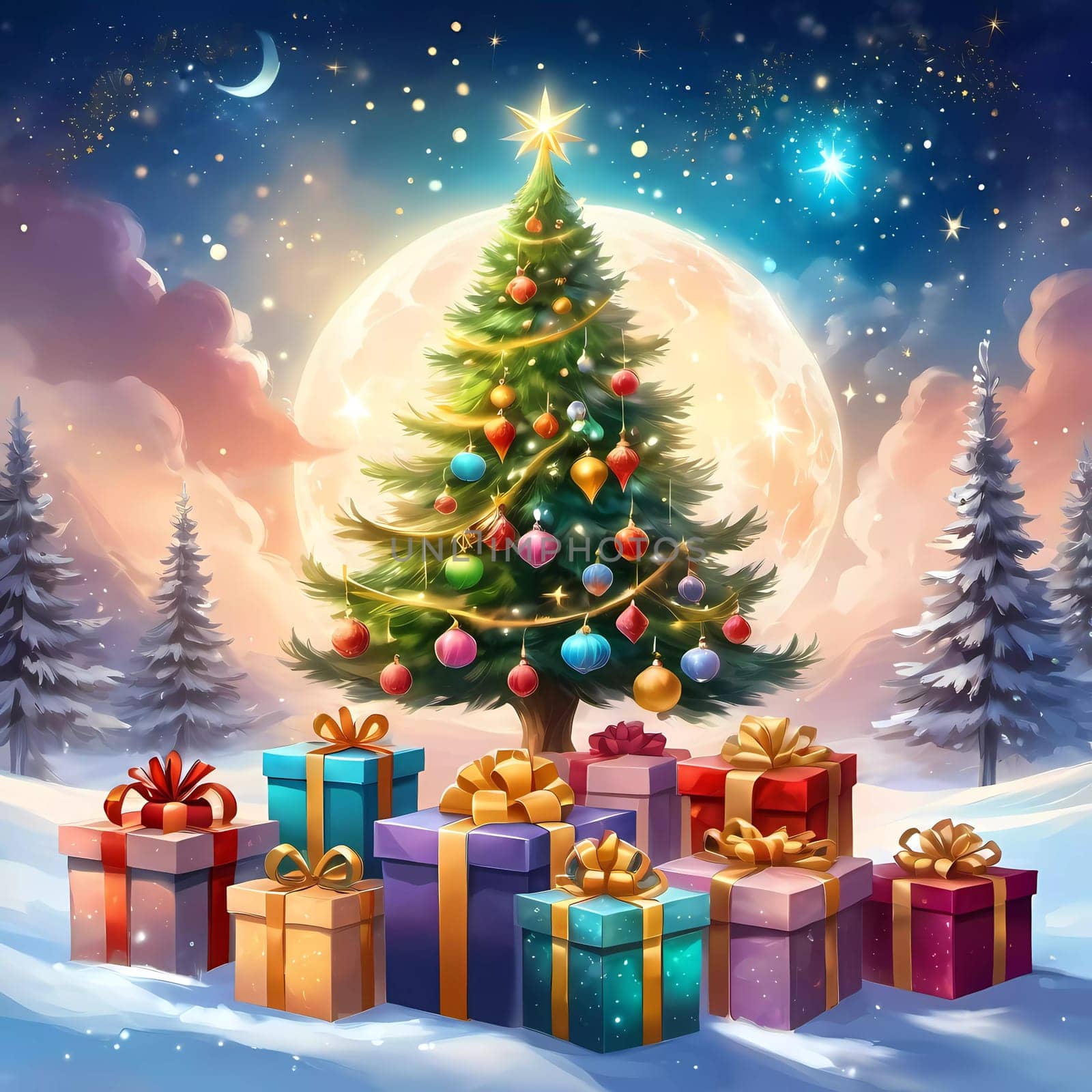 A decorated Christmas tree adorned with colorful ornaments and stacked presents ready for celebration in cozy holiday setting. Wrapped gifts of various colors. Festive atmosphere, warmth and joy. AI.