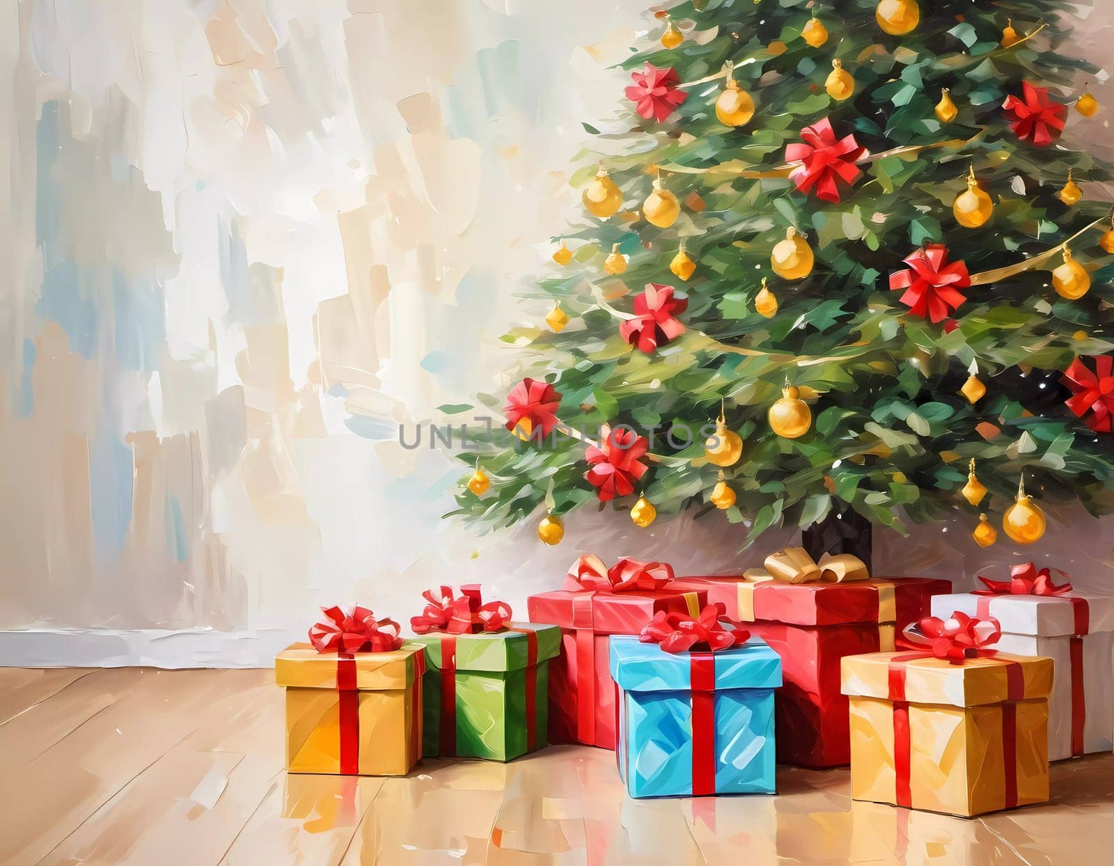 A decorated Christmas tree adorned with colorful ornaments and stacked presents ready for celebration in cozy holiday setting. Wrapped gifts of various colors. Festive atmosphere, warmth and joy. AI.