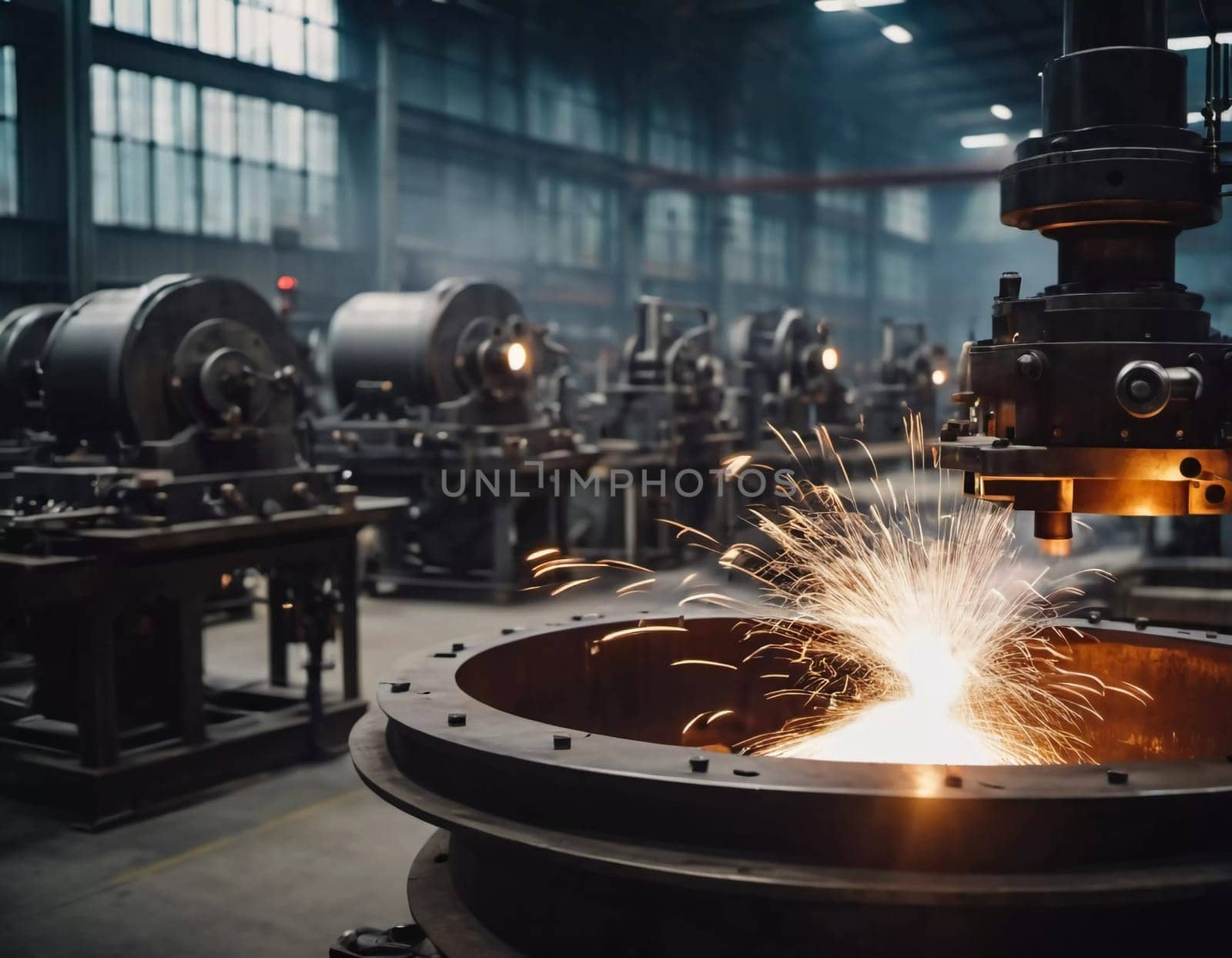 Manufacturing foundry facility filled with milling machines is actively producing components. Environment is industrial, characterized by machinery tools, visible sparks, suggesting precision work AI