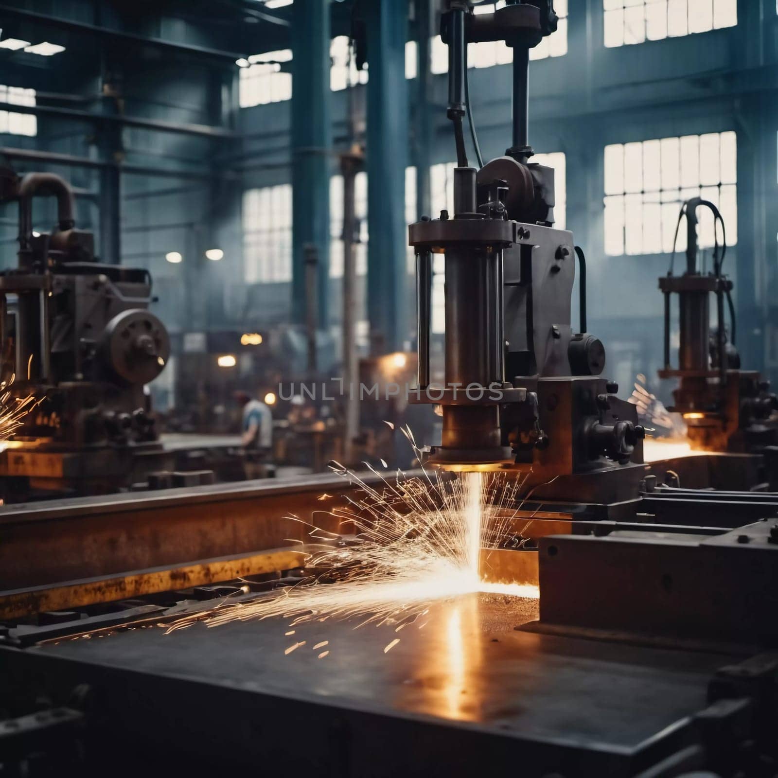 Manufacturing foundry facility filled with milling machines is actively producing components. Environment is industrial, characterized by machinery tools, visible sparks, suggesting precision work AI