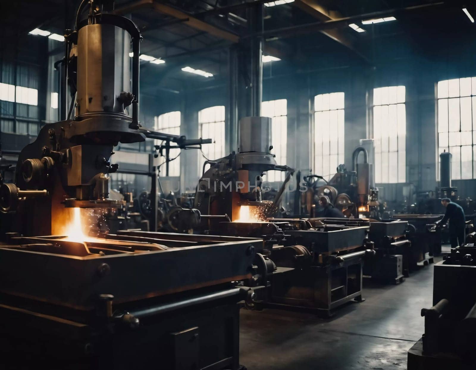 Precision milling machines are active in state-of-the-art manufacturing plant, working on components with high efficiency and accuracy. Modern factory workshop for continuous production. Generated AI.