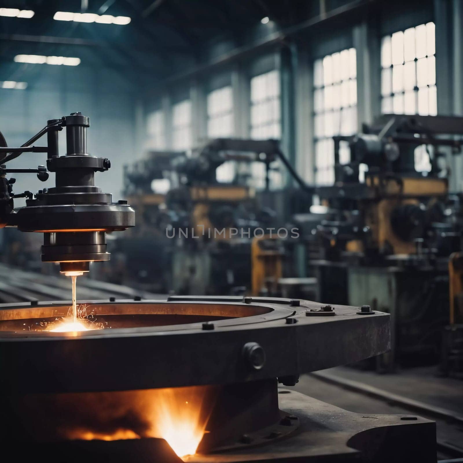 Manufacturing foundry facility filled with milling machines is actively producing components. Environment is industrial, characterized by machinery tools, visible sparks, suggesting precision work AI