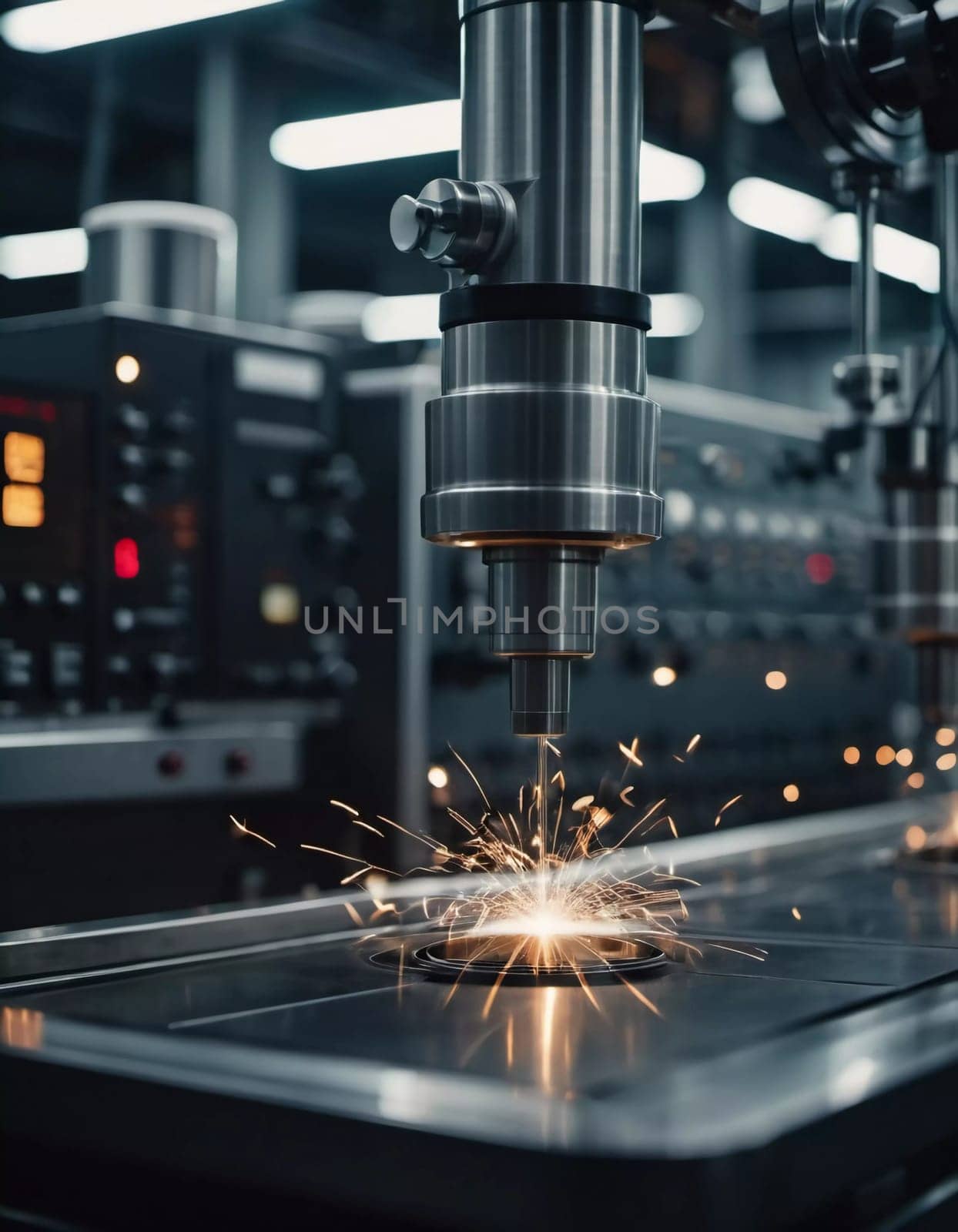 Manufacturing foundry facility filled with milling machines is actively producing components. Environment is industrial, characterized by machinery tools, visible sparks, suggesting precision work AI