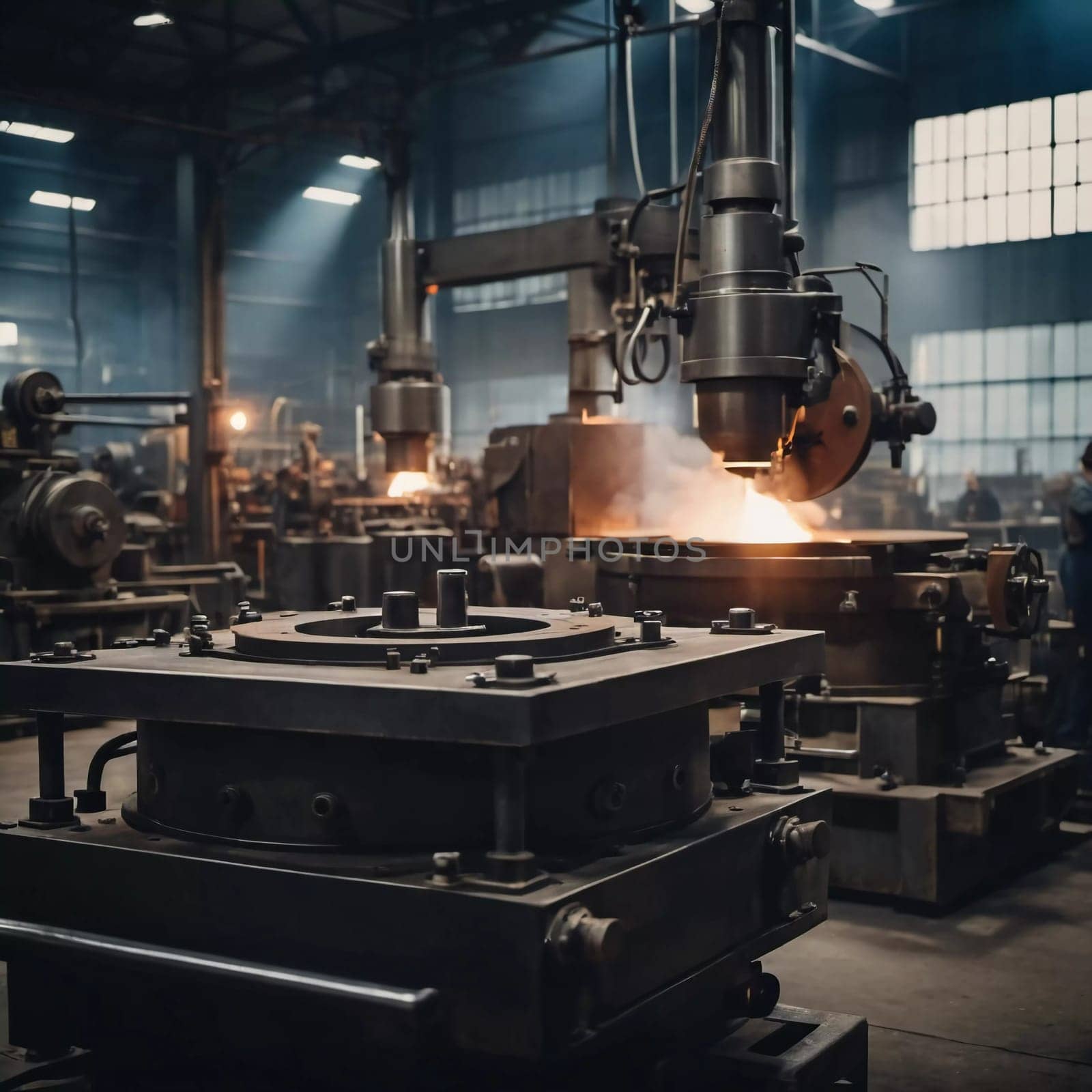 Manufacturing foundry facility filled with milling machines is actively producing components. Environment is industrial, characterized by machinery tools, visible sparks, suggesting precision work AI