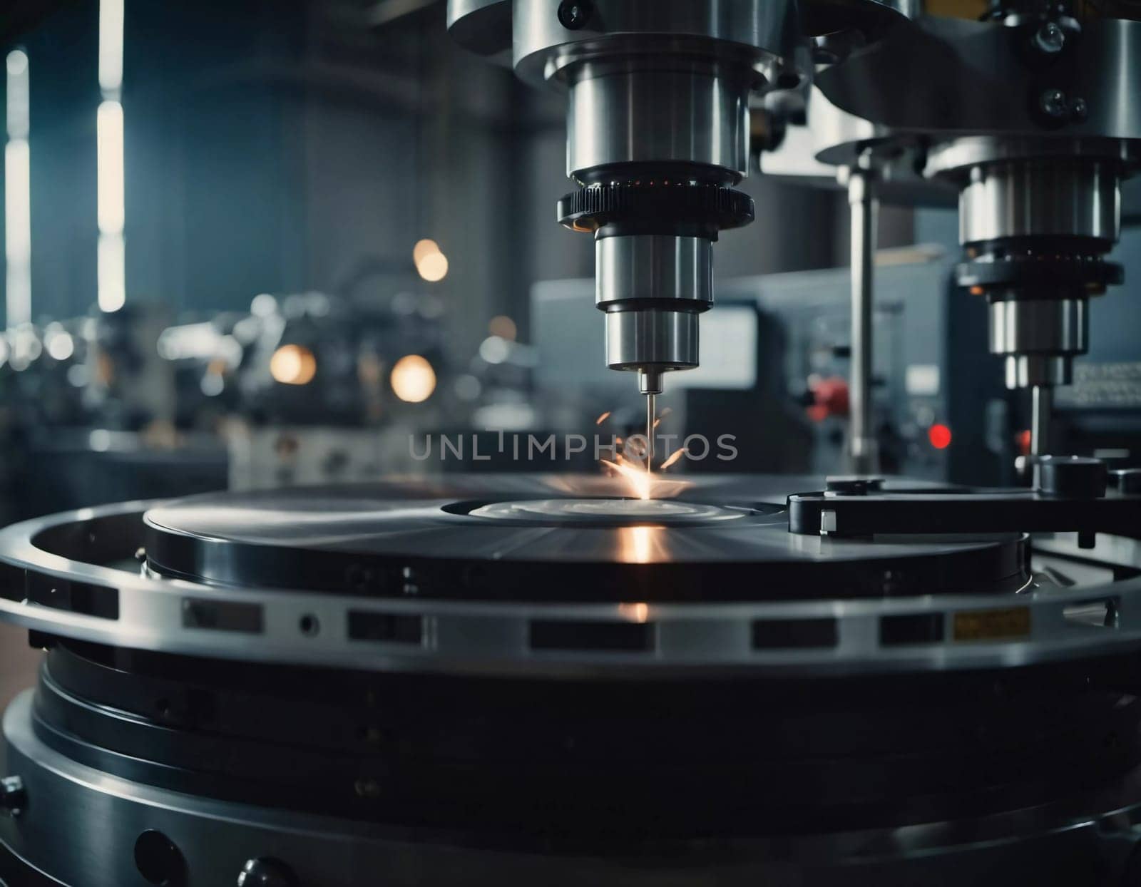 A manufacturing facility showcases advanced milling processes with a machine tool creating intricate parts, emphasizing engineering precision and efficiency. Generative AI.