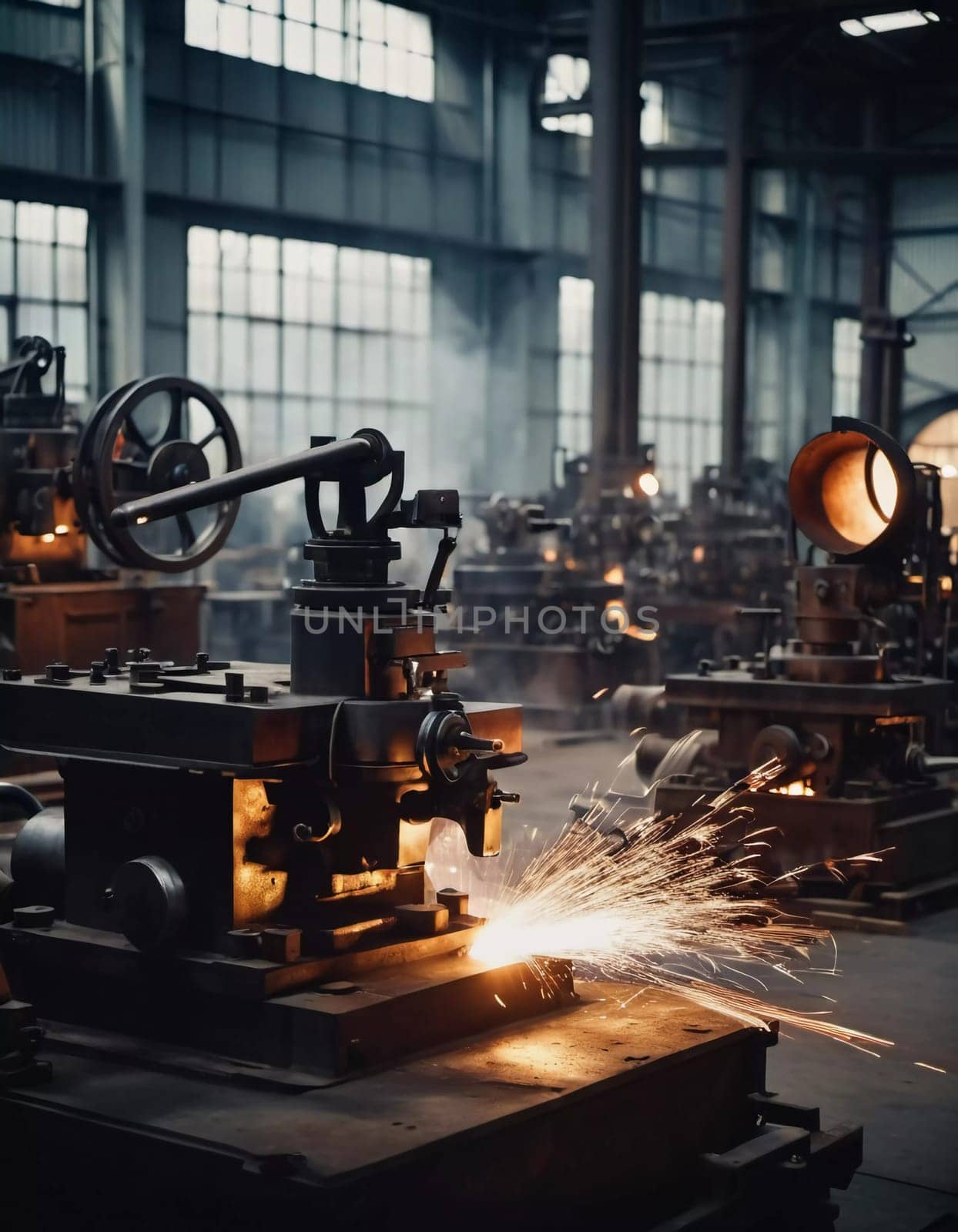 Manufacturing foundry facility filled with milling machines is actively producing components. Environment is industrial, characterized by machinery tools, visible sparks, suggesting precision work AI