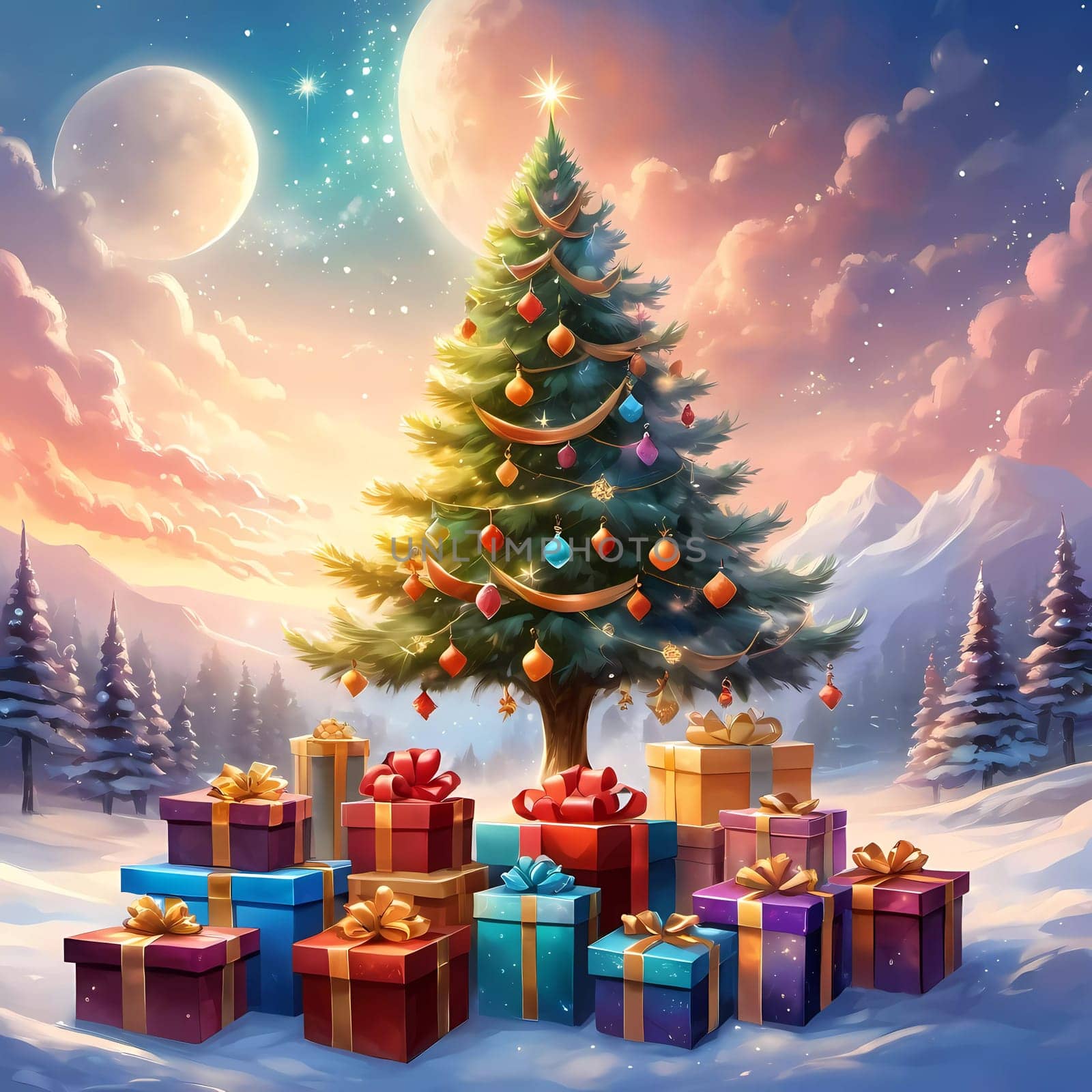 A decorated Christmas tree adorned with colorful ornaments and stacked presents ready for celebration in cozy holiday setting. Wrapped gifts of various colors. Festive atmosphere, warmth and joy. AI.