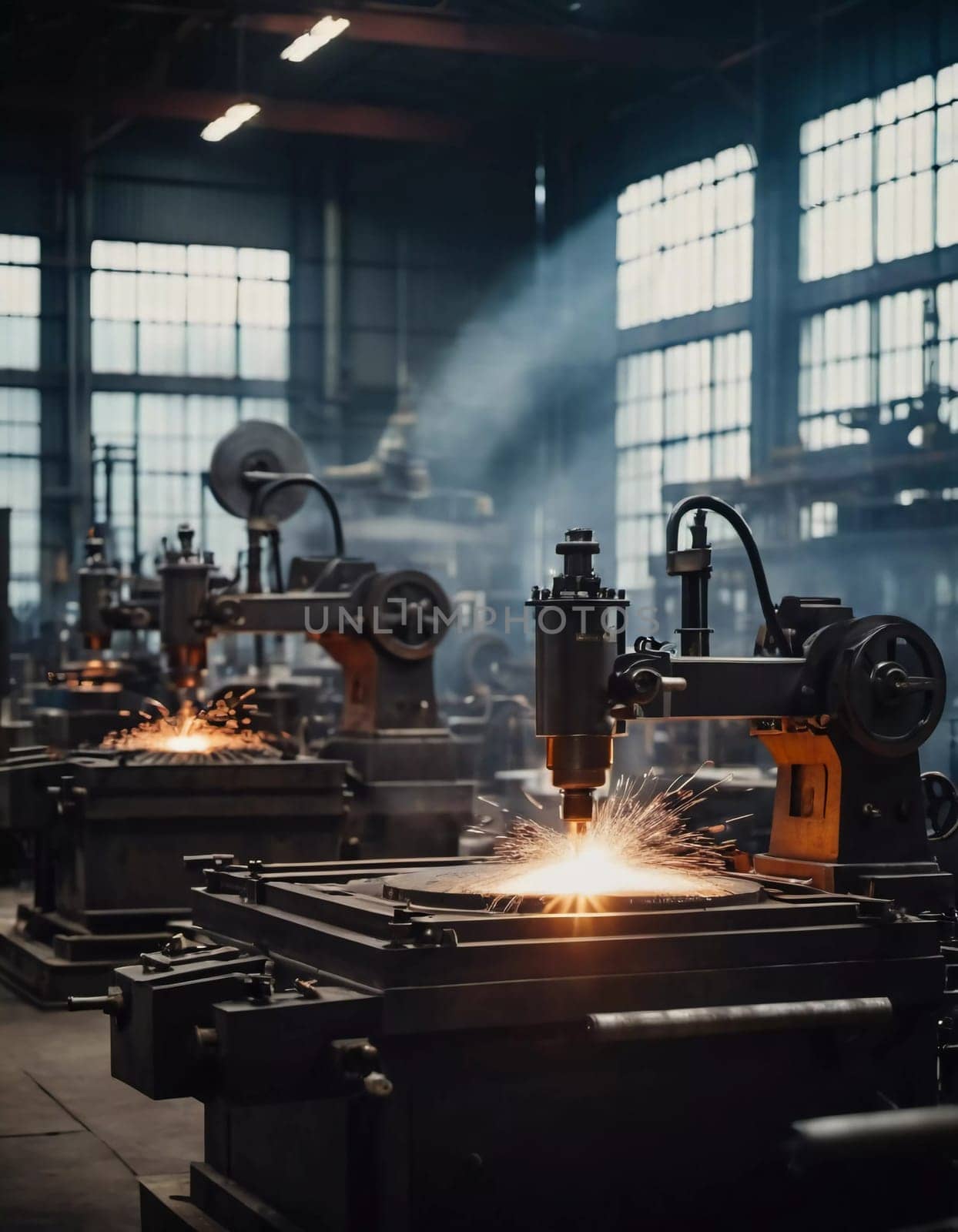 Manufacturing foundry facility filled with milling machines is actively producing components. Environment is industrial, characterized by machinery tools, visible sparks, suggesting precision work AI