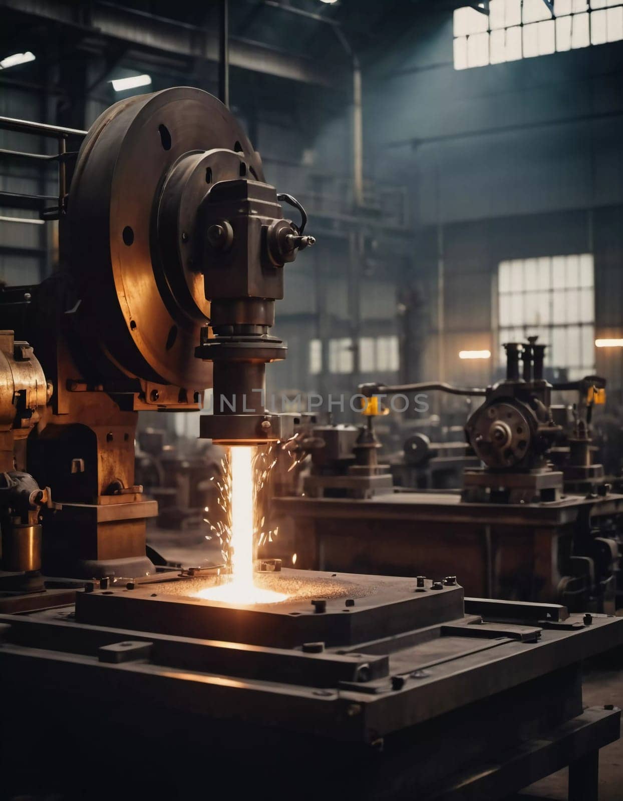 Manufacturing foundry facility filled with milling machines is actively producing components. Environment is industrial, characterized by machinery tools, visible sparks, suggesting precision work AI
