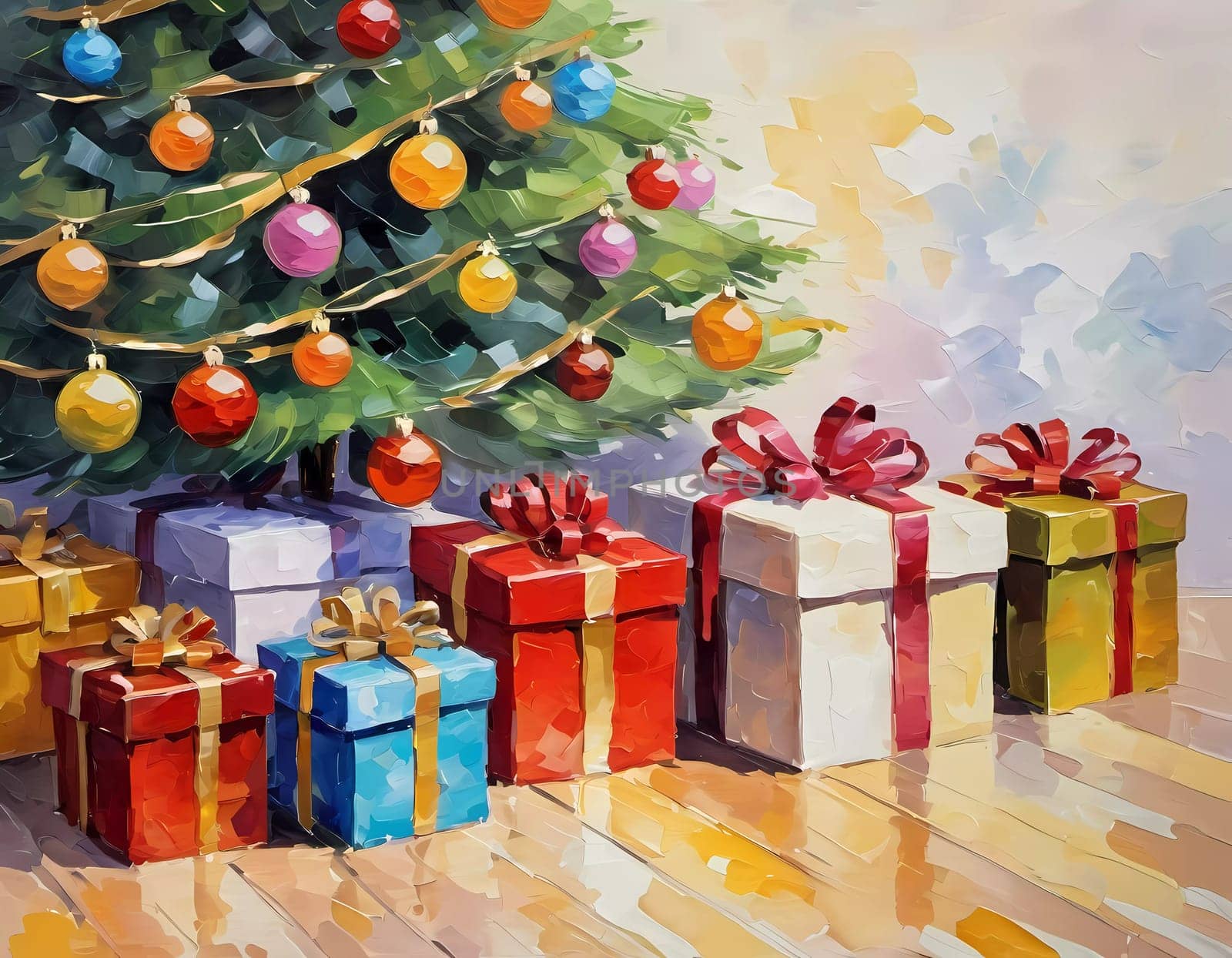 A decorated Christmas tree adorned with colorful ornaments and stacked presents ready for celebration in cozy holiday setting. Wrapped gifts of various colors. Festive atmosphere, warmth and joy. AI.