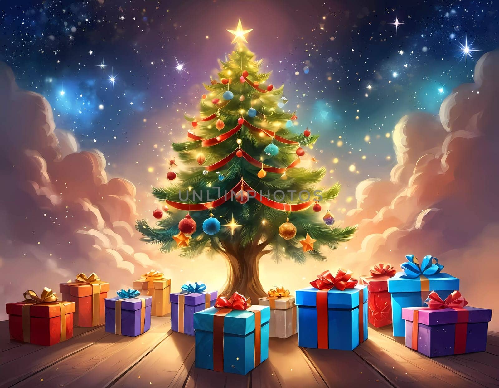 A decorated Christmas tree adorned with colorful ornaments and stacked presents ready for celebration in cozy holiday setting. Wrapped gifts of various colors. Festive atmosphere, warmth and joy. AI.