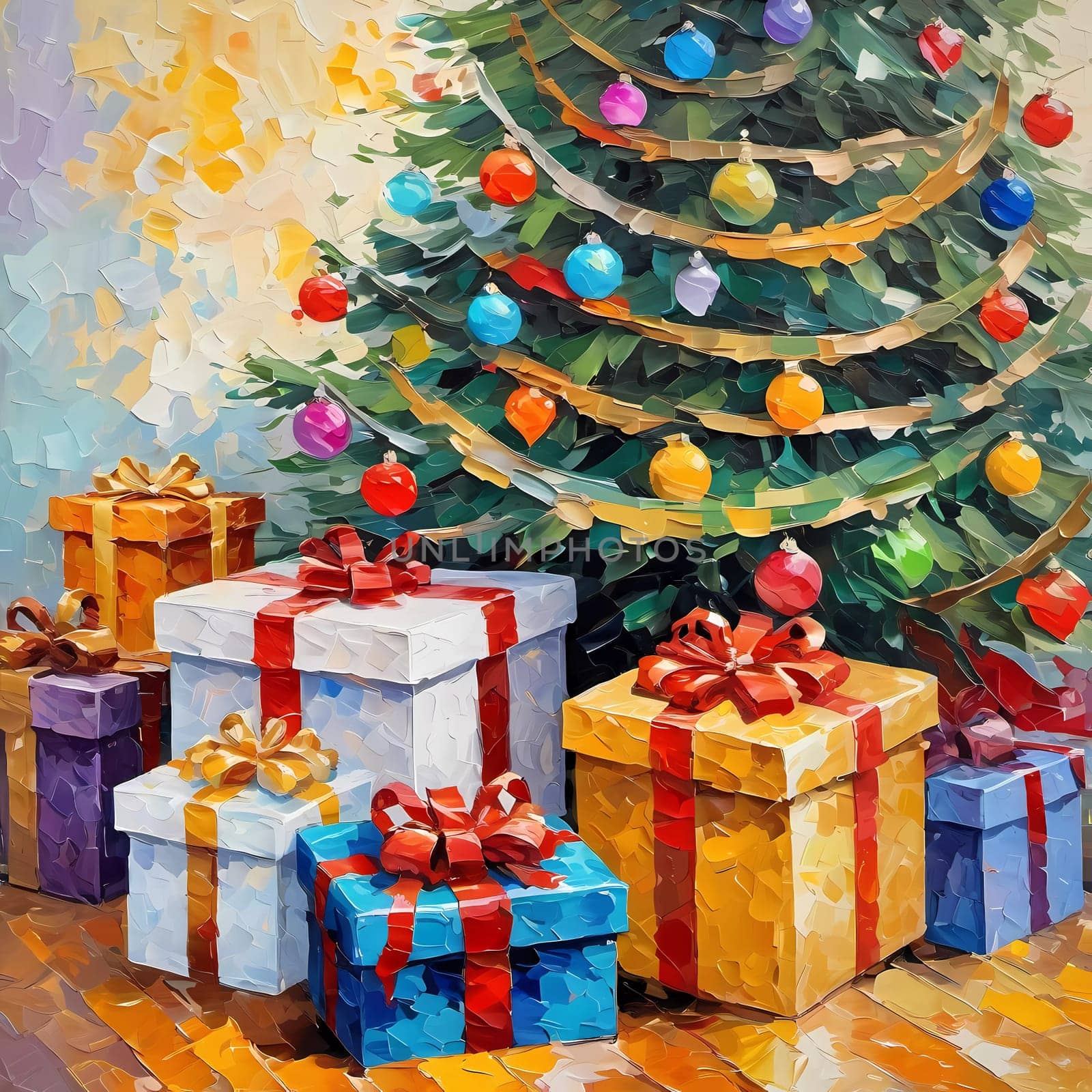 A decorated Christmas tree adorned with colorful ornaments and stacked presents ready for celebration in cozy holiday setting. Wrapped gifts of various colors. Festive atmosphere, warmth and joy. AI.