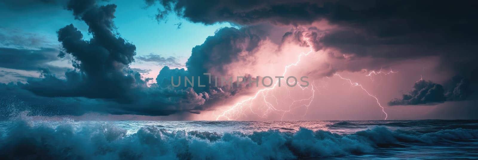 Powerful lightning strike in the sky with dark storm clouds above the sea with huge waves at night.