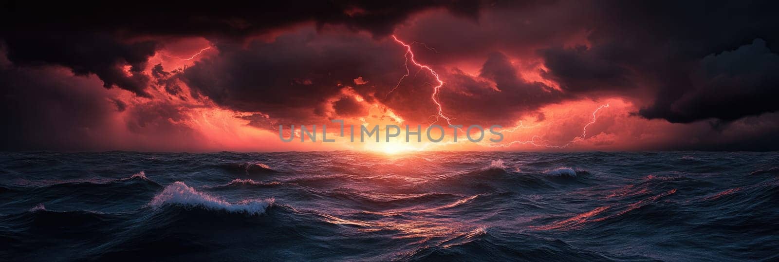 Powerful lightning strike in the sky with dark red storm clouds above the sea and big waves at night.