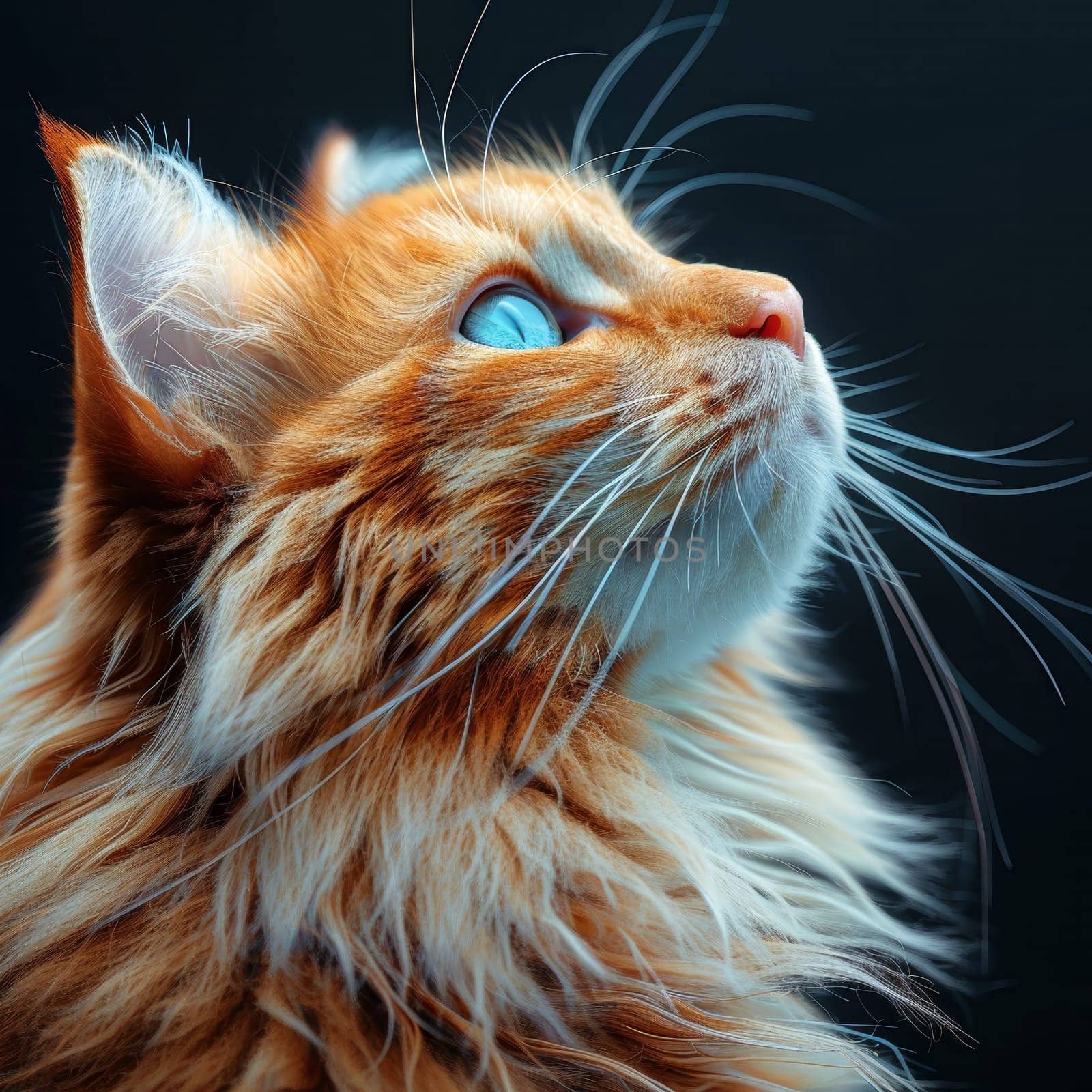 The striking orange cat with bright blue eyes gazes intently upwards, contrasting beautifully against the dark background, highlighting its vibrant fur and expressive features.