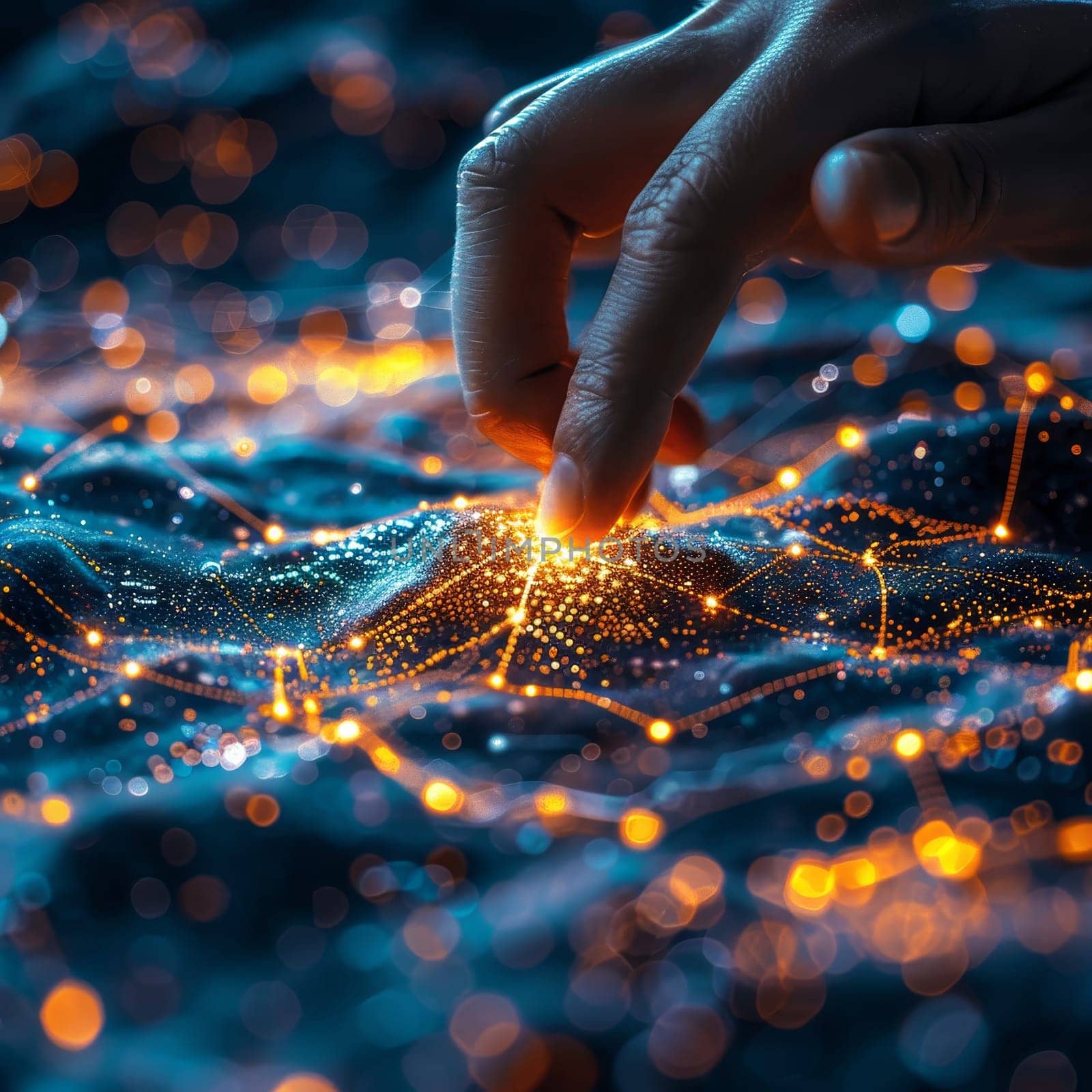 A hand reaches out to touch a sparkling network map, illuminated by vibrant orange lights. The intricate design symbolizes digital connections and data flow in a technological landscape.