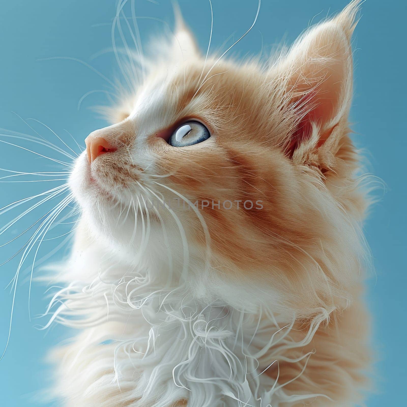An adorable orange and white kitten looks up with wide, curious eyes, showcasing its fluffy fur and delicate whiskers, set against a soothing light blue background.