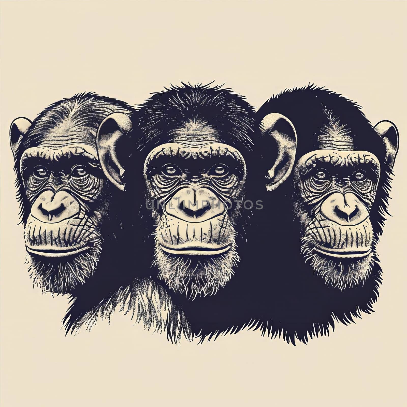 Three distinct chimpanzees are portrayed with detailed expressions, highlighting their unique features and characteristics. The artwork emphasizes their intelligent gaze and expressive faces.