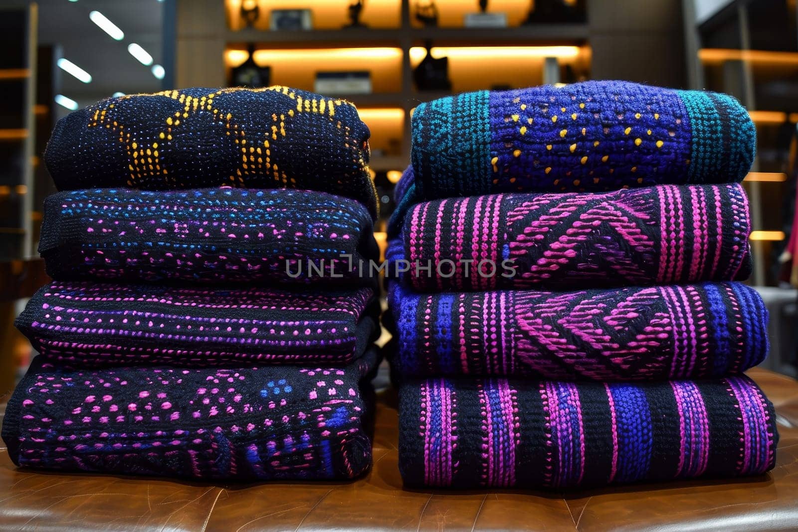 A vibrant assortment of woven textiles is neatly stacked on a wooden surface, showcasing intricate patterns and colors. These detailed handicrafts are arranged attractively in a craft store.
