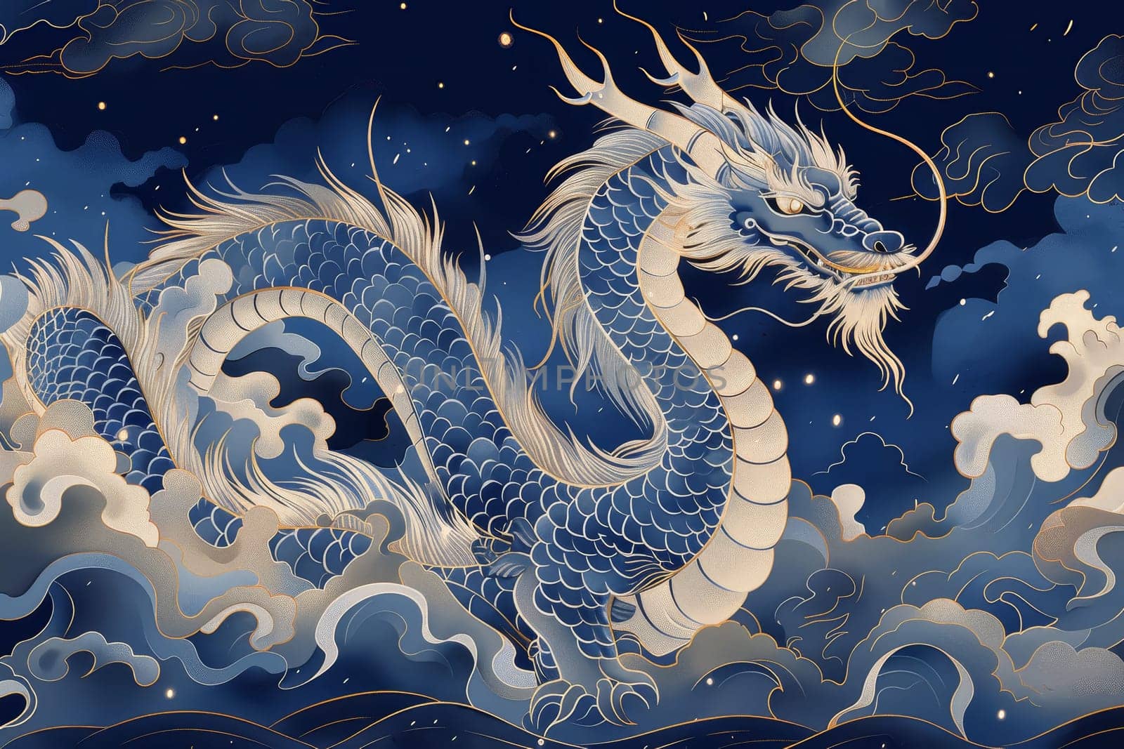 A stunning blue dragon weaves gracefully through swirling clouds under a starry night sky, showcasing intricate scales and a fierce expression while its mane flows elegantly behind.