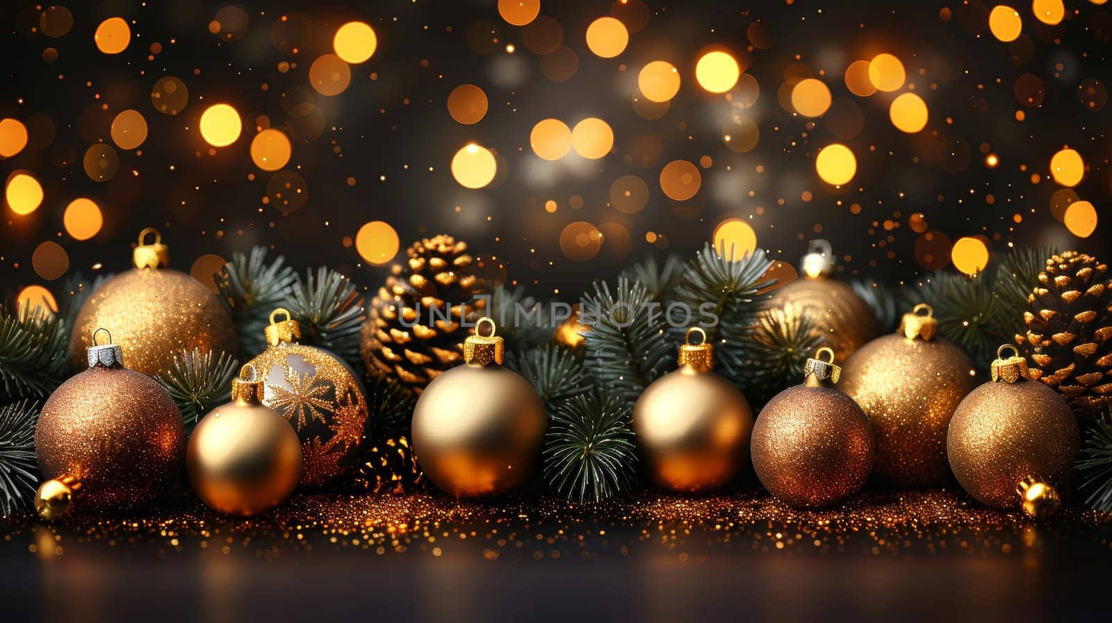 A collection of golden Christmas ornaments and pinecones is beautifully displayed among evergreen branches, surrounded by warm, sparkling lights, creating a cozy holiday atmosphere.