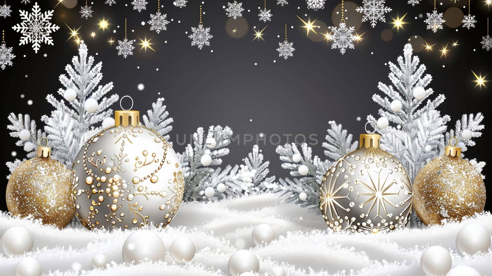 A beautifully arranged winter landscape features shimmering ornaments alongside fresh snow and sparkling snowflakes. This festive display captures the essence of holiday celebrations.