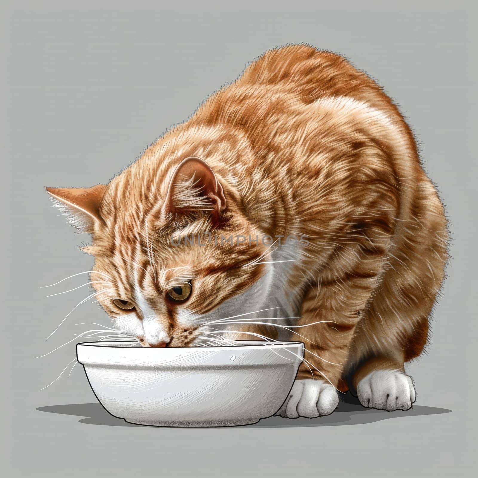 A ginger cat leans over a white bowl, intently eating its meal. The cat's fur glistens under soft daylight, showcasing its vibrant color and curious expression while enjoying its food.