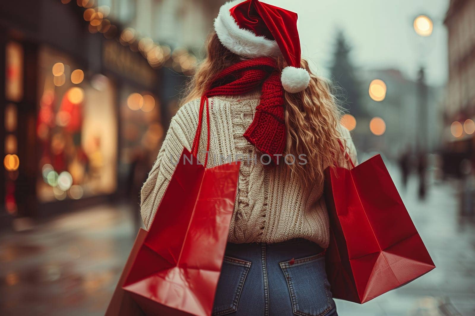 A woman dressed in a cozy sweater and festive Santa hat strolls through a decorated urban street during winter, holding two bright red shopping bags, enjoying the holiday shopping atmosphere.