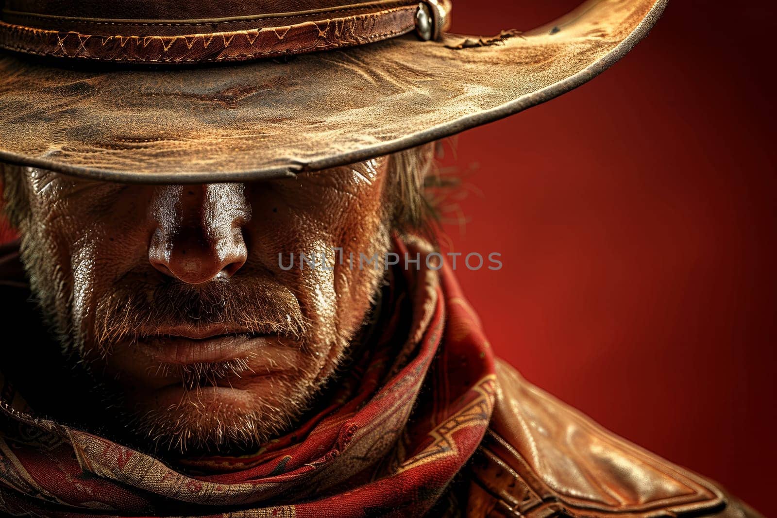 A cowboy stands with his head lowered, wearing a worn hat and scarf. The dramatic lighting accentuates his rugged facial features, evoking a sense of mystery and strength in a Western backdrop.
