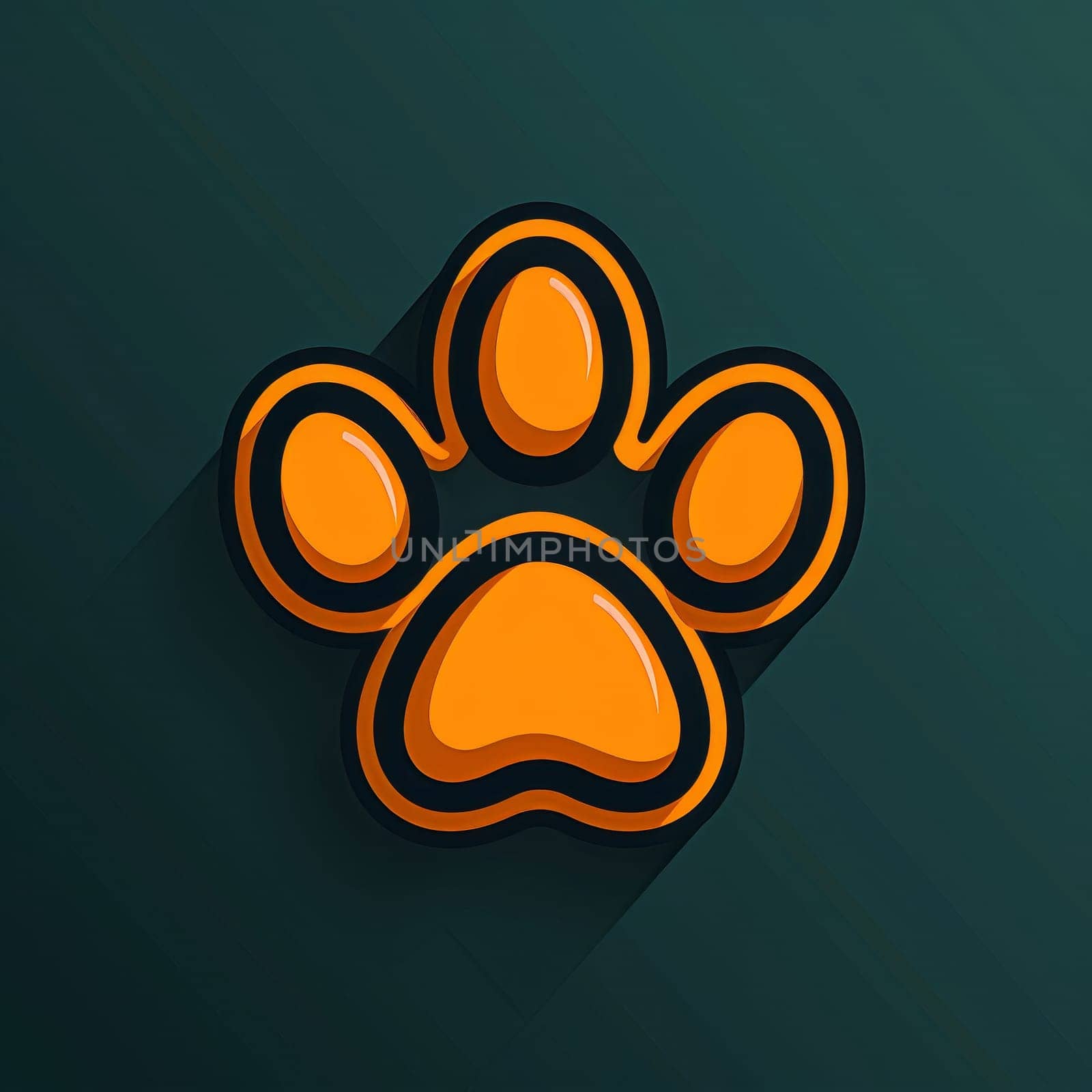A vibrant orange paw print is illustrated against a dark green background, showcasing a bold and playful design. The paw's rounded shapes and clean lines highlight its artistic appeal.