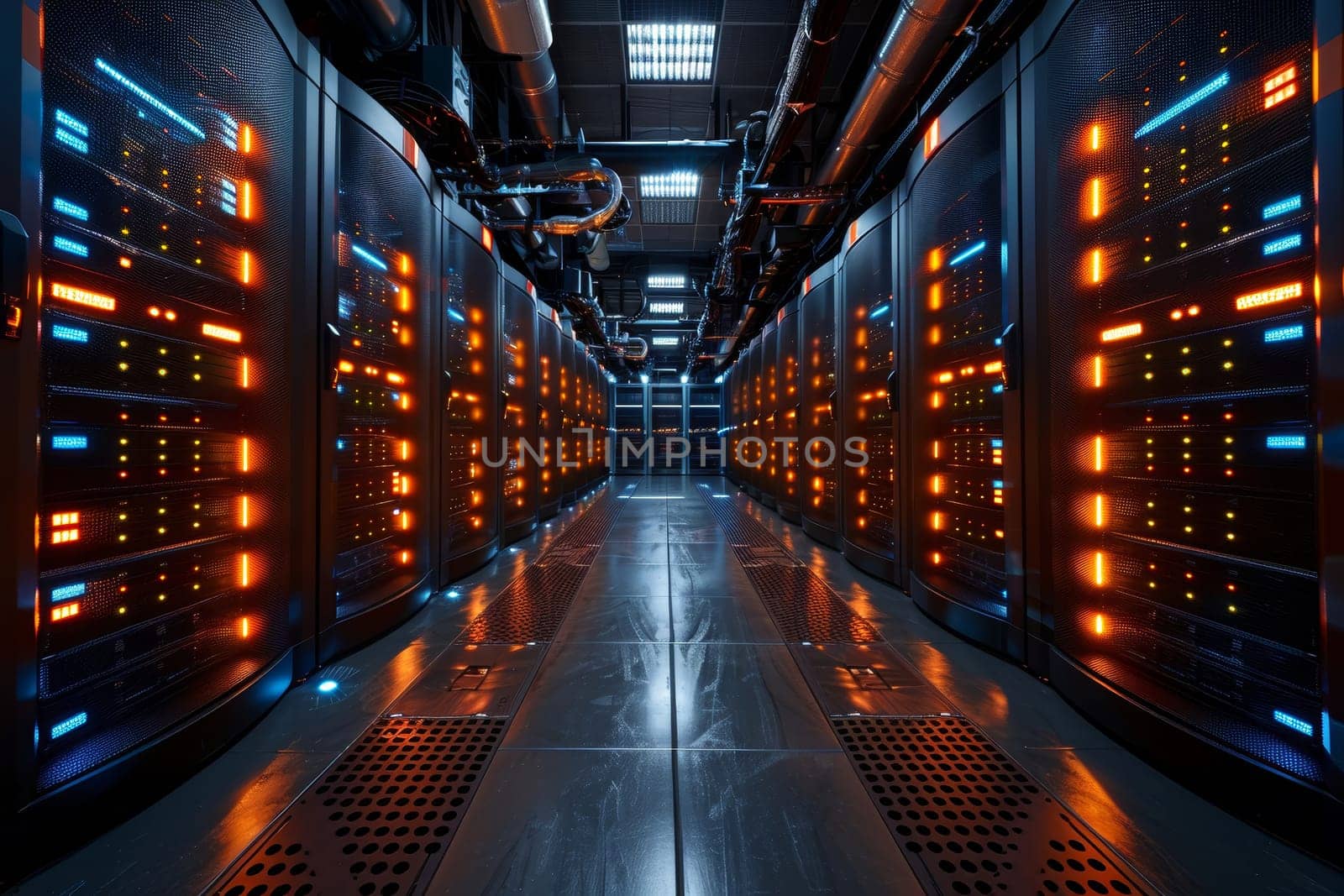 A high-tech data center displays rows of server racks glowing with vibrant orange and blue lights. The environment showcases advanced technology, emphasizing a sleek and organized setup.