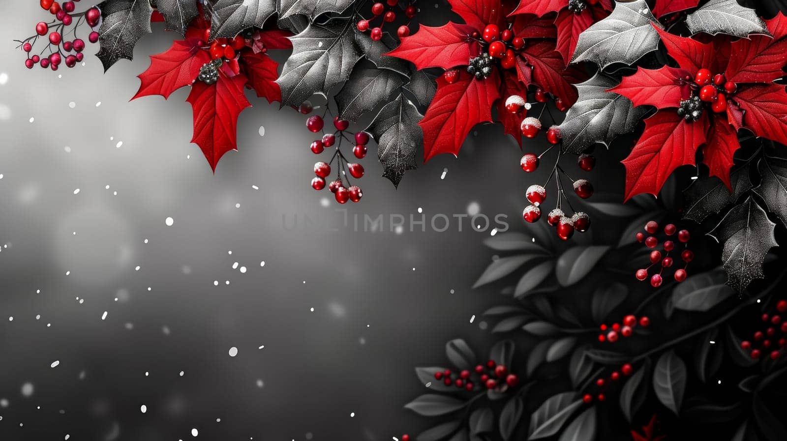 A beautiful arrangement of vibrant red poinsettias and dark green leaves creates a festive atmosphere. The background features a gradient of gray, enhancing the seasonal vibe with soft snowfall.