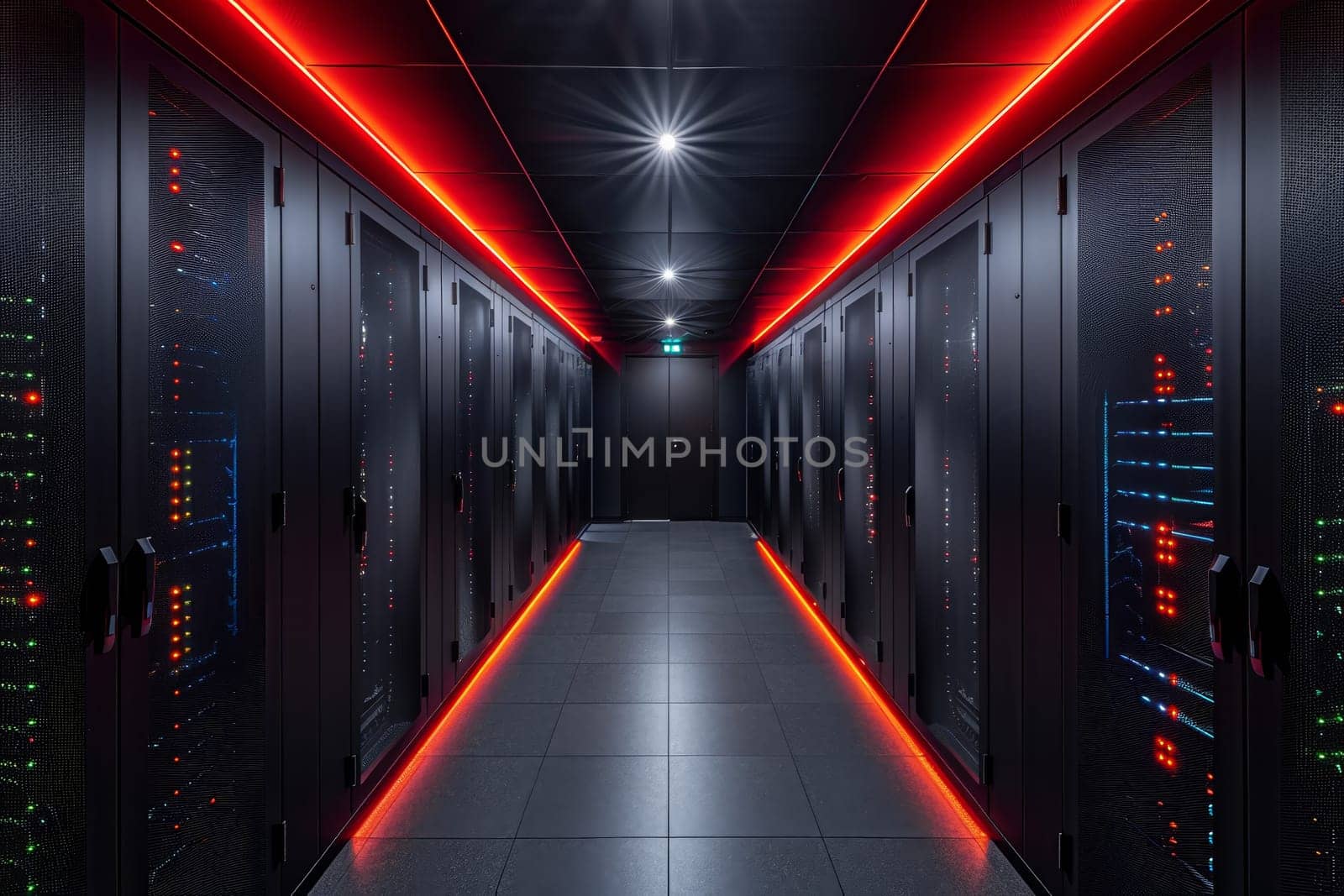 A corridor in a contemporary data center features sleek black server racks lined up on both sides, enhanced by striking red LED lights.