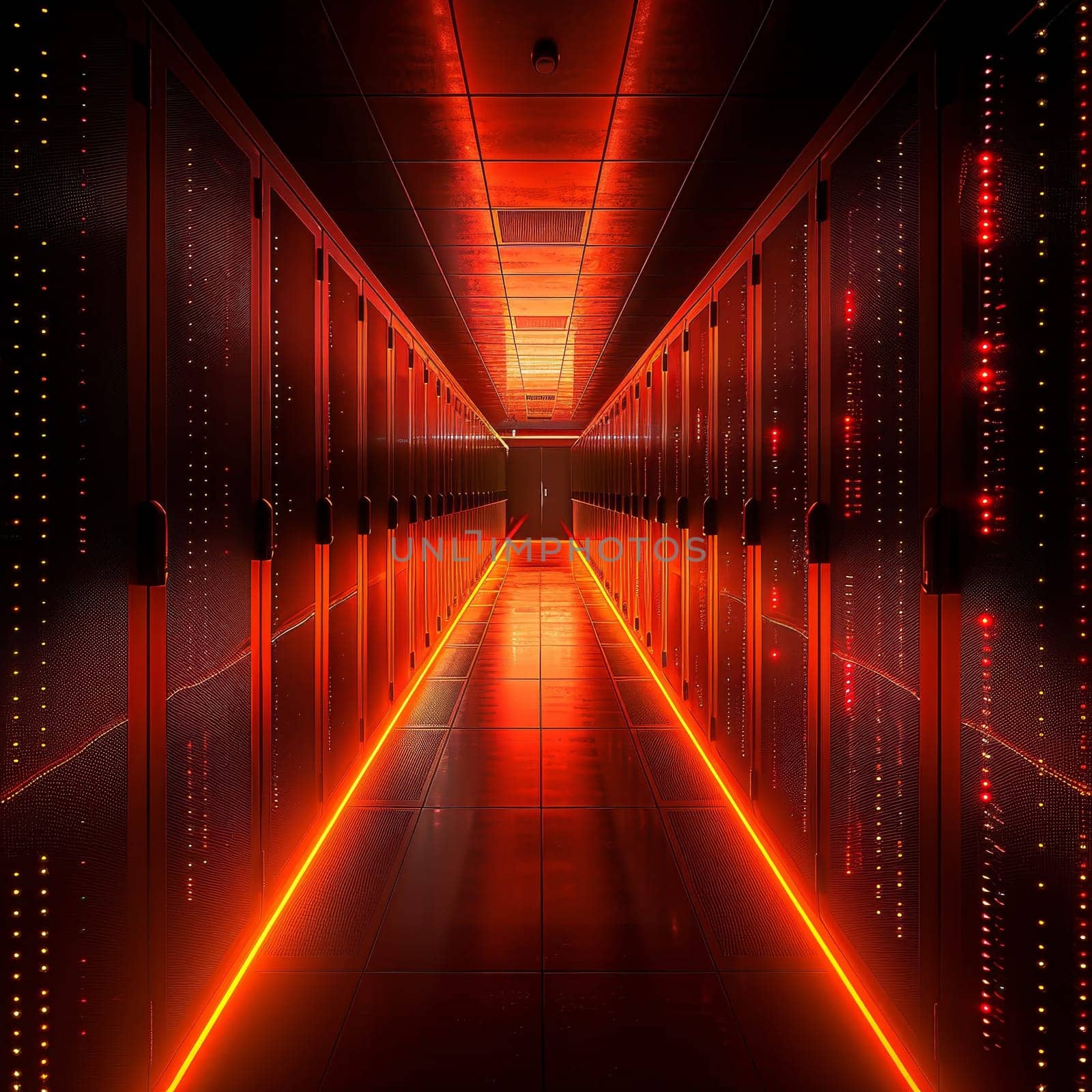 The corridor in a data center is lined with dark server racks glowing with red LED lights, creating an eerie yet captivating atmosphere as it stretches into the distance.