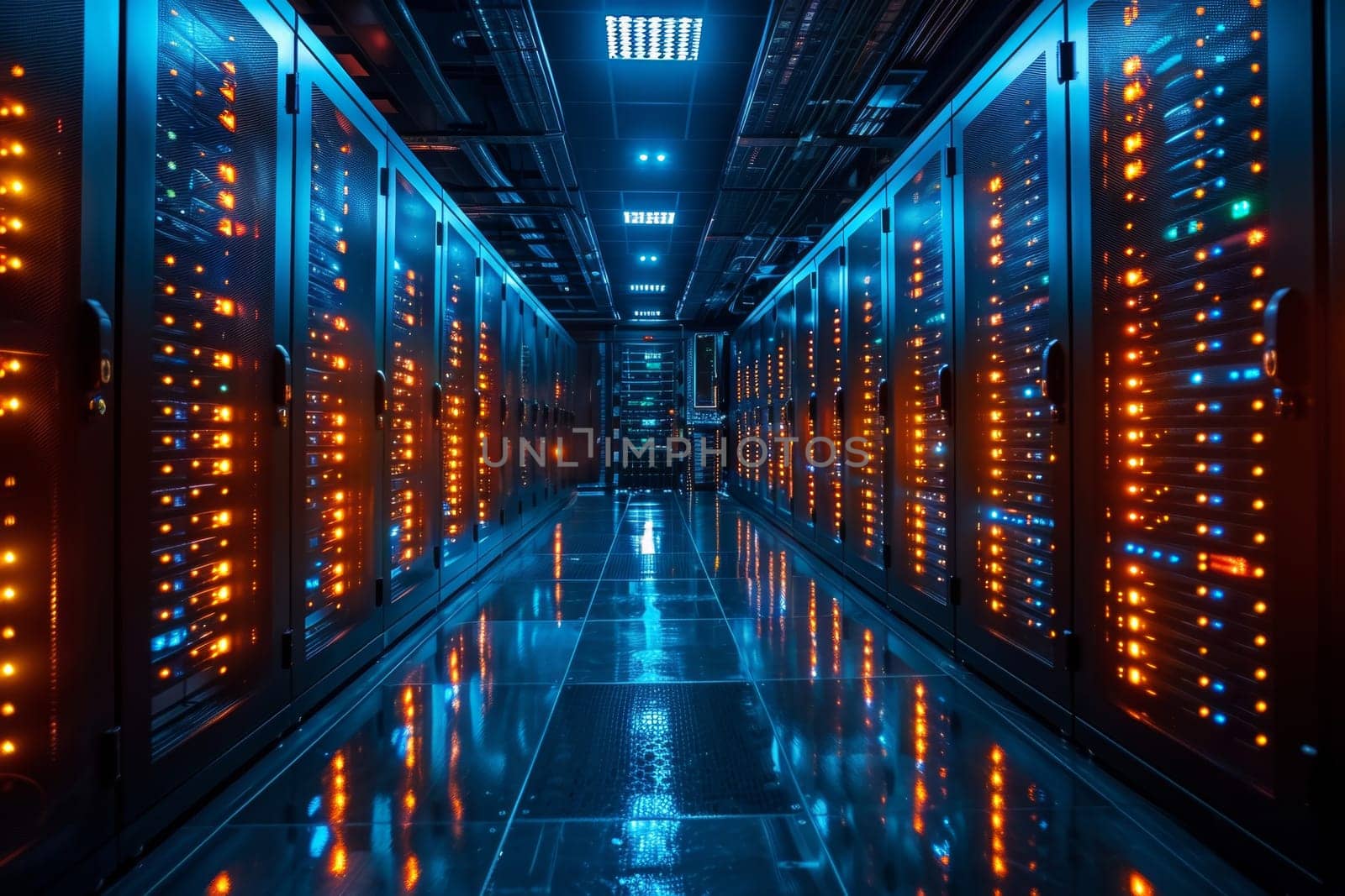Rows of server racks illuminate a darkened data center, creating a striking visual with glowing lights reflecting on a polished floor.