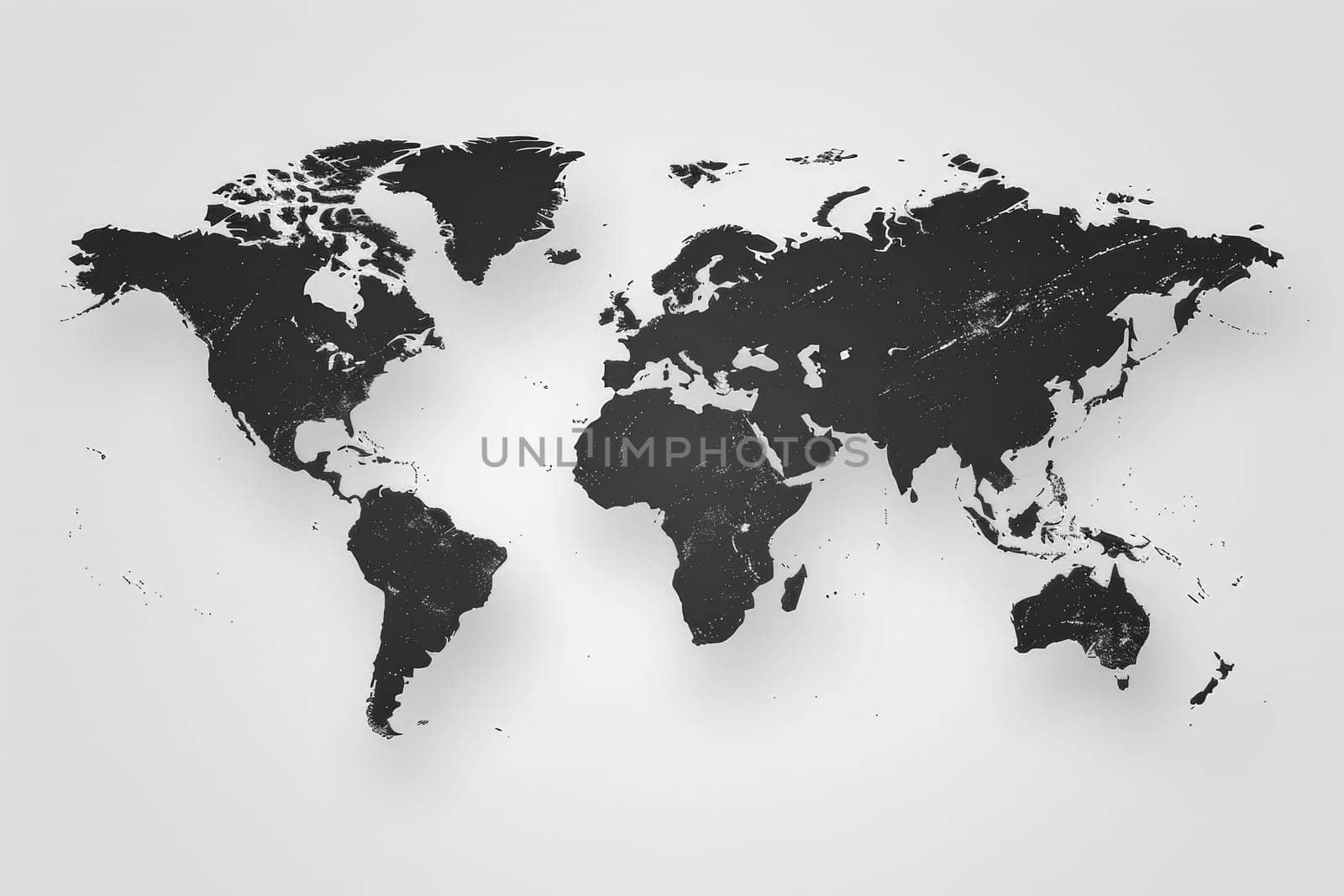 A detailed world map in black and white displays continents outlined against a light background. The contrasting design emphasizes geographical features and boundaries across the globe.