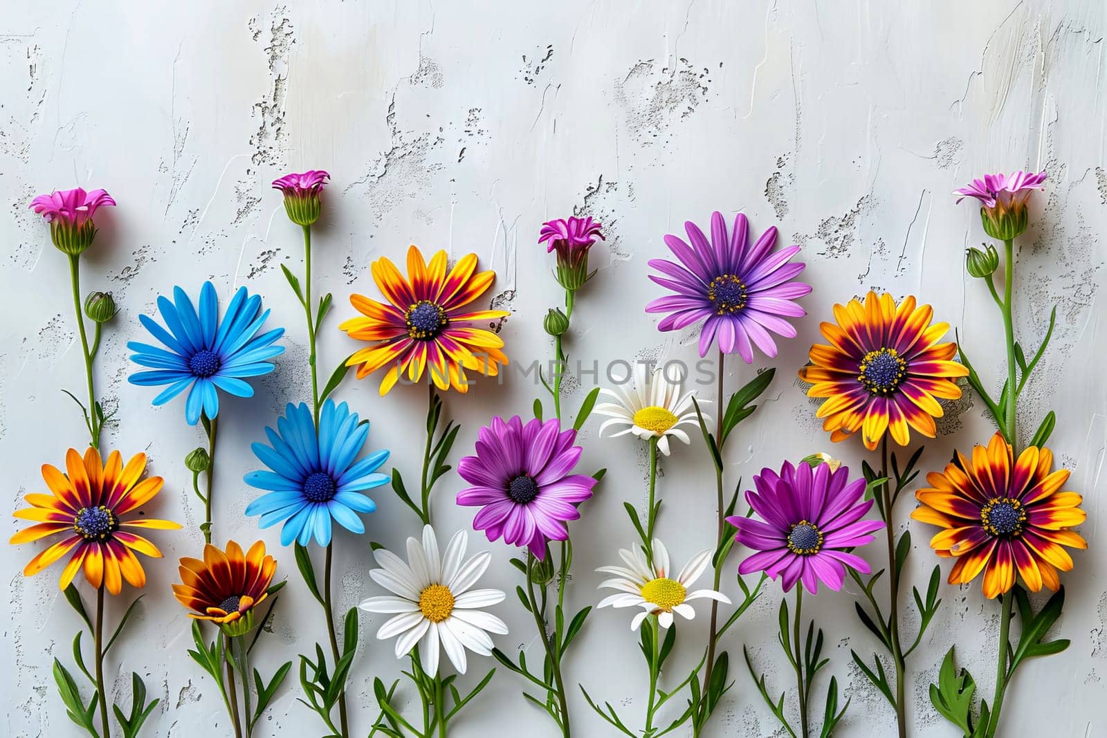 A vibrant display of flowers in different hues, including daisies and daisies, arranged in a line on a textured surface.