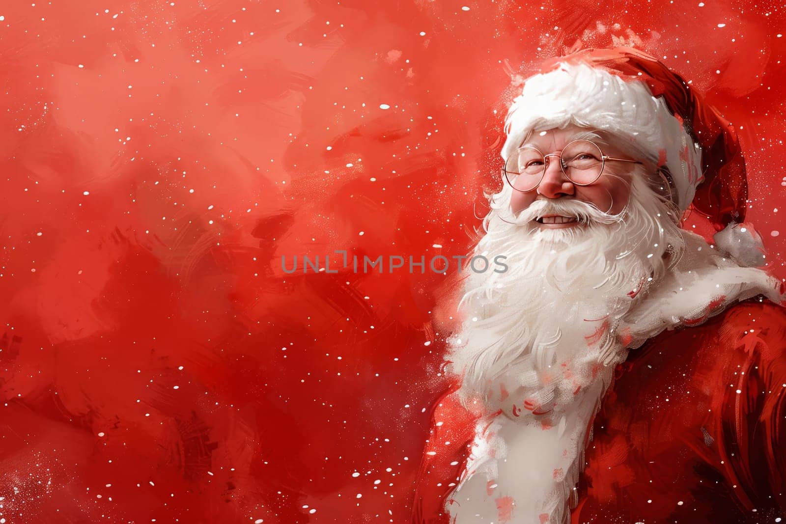 A joyful Santa Claus in a red suit and white beard smiles broadly, embodying the spirit of the season. The vibrant red backdrop enhances the cheerful atmosphere of the holiday celebration. Copy space